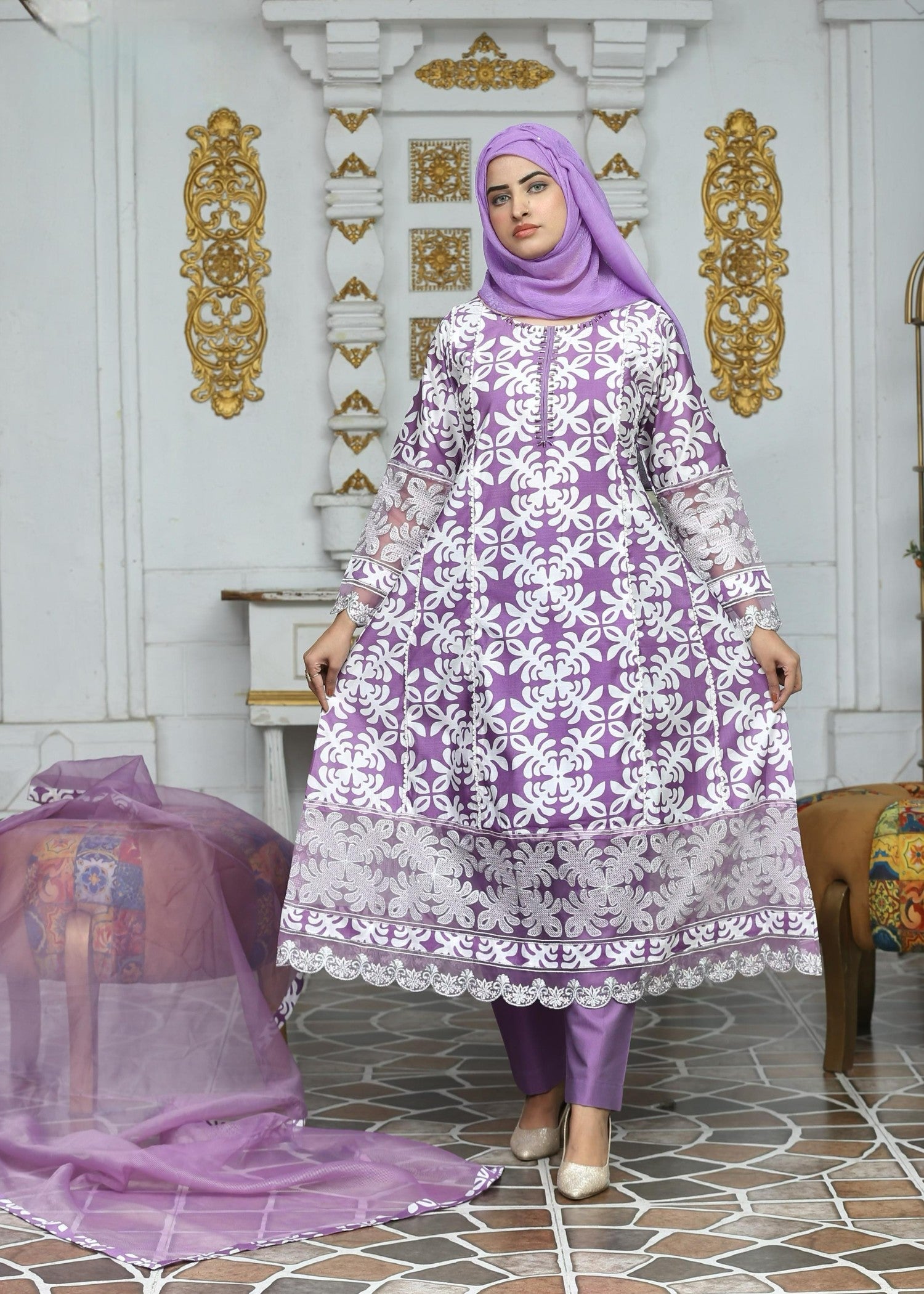 khaddi net Pishwas in Lilac