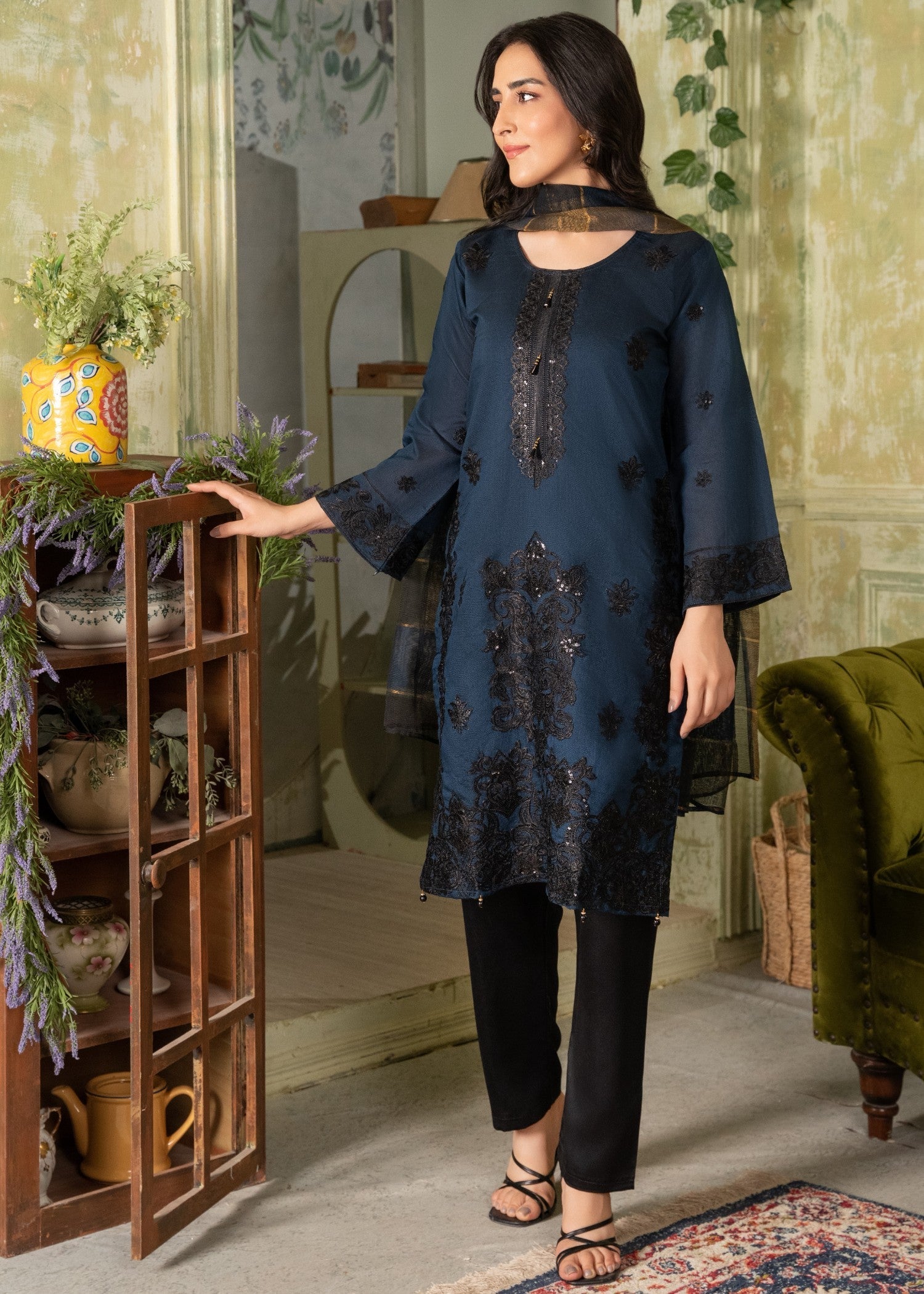 khaddi net Kurta Set in Blue