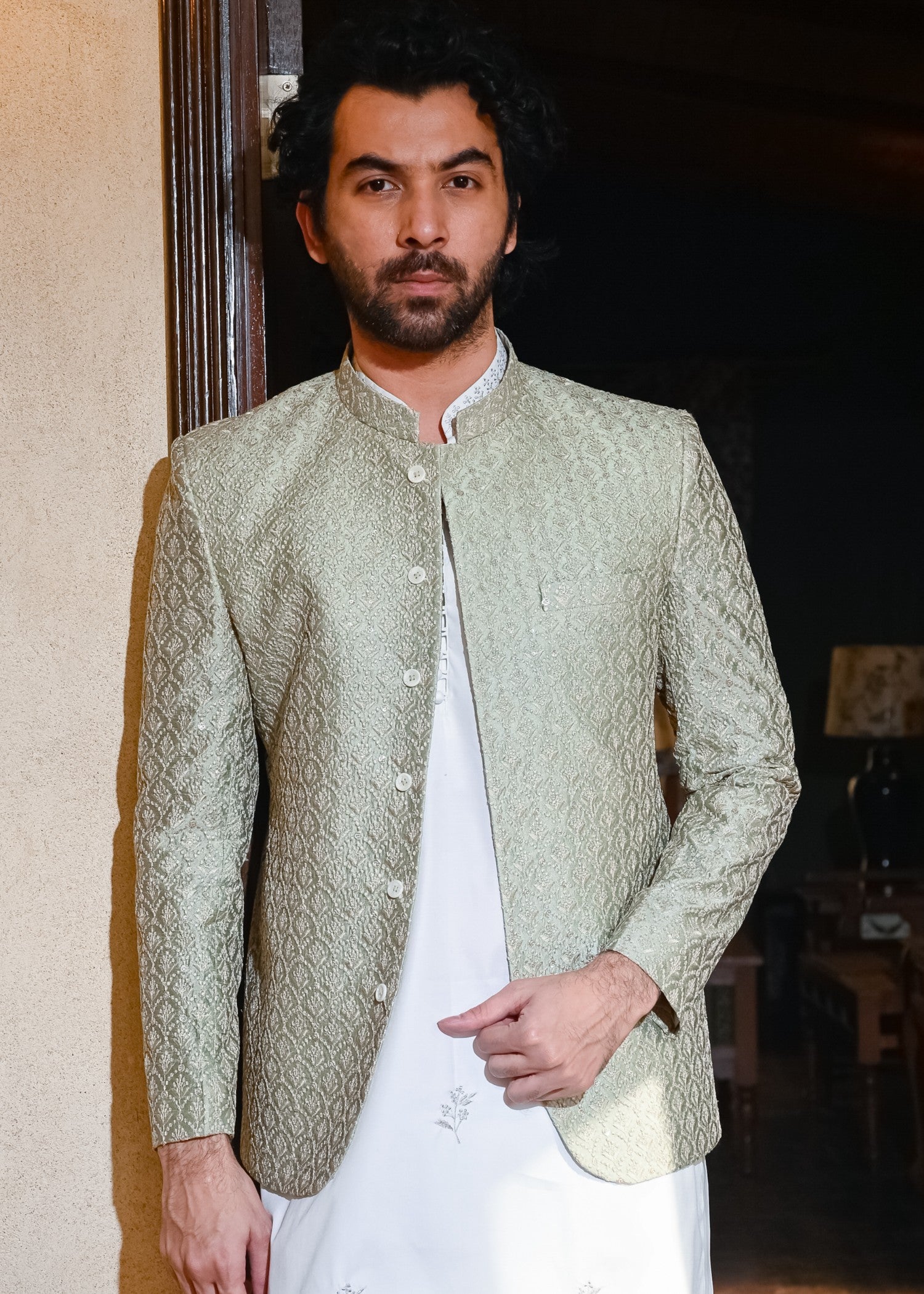 raw silk Prince Coat in Sage green