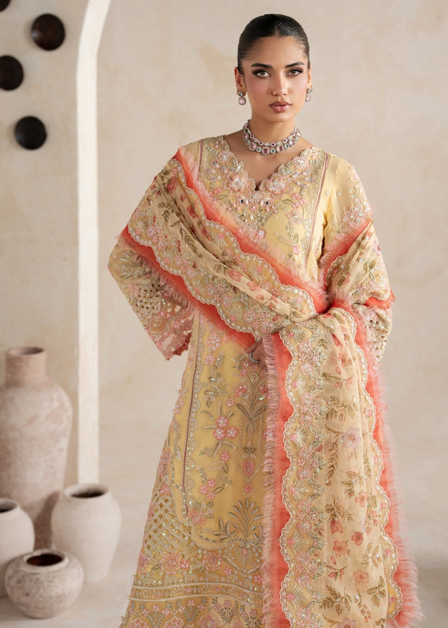 chiffon Kurta Set in Light yellow