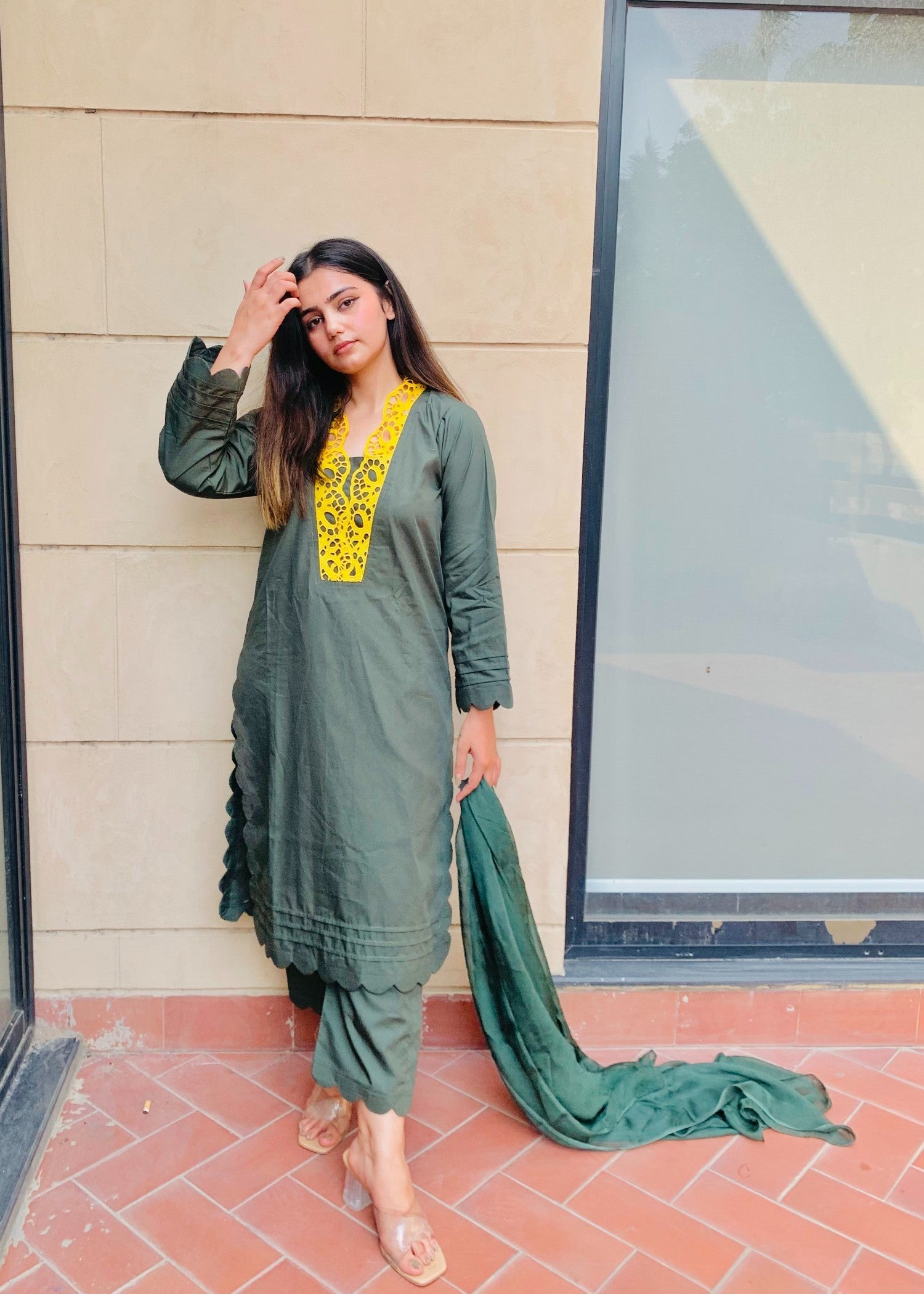 cotton satin Kurta Set in Green