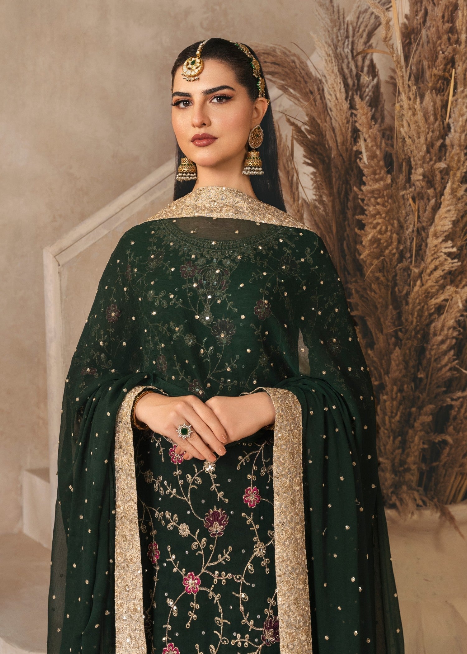 chiffon Kurta Set in Dark green