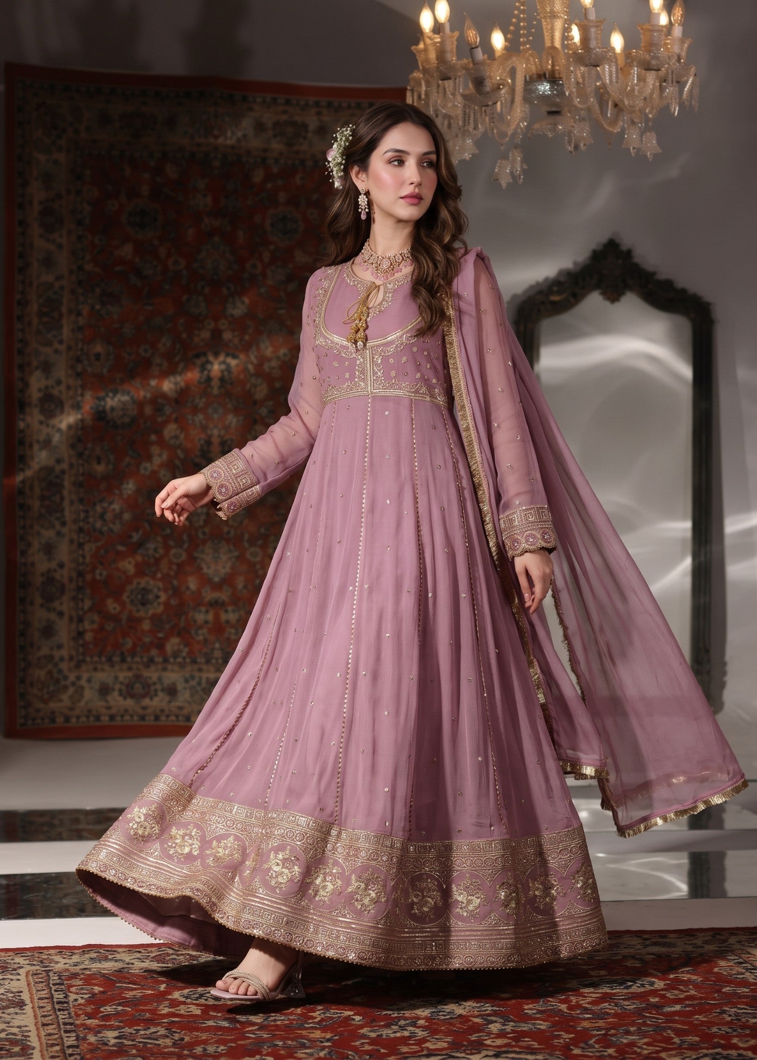 chiffon Anarkali in Mauve pink