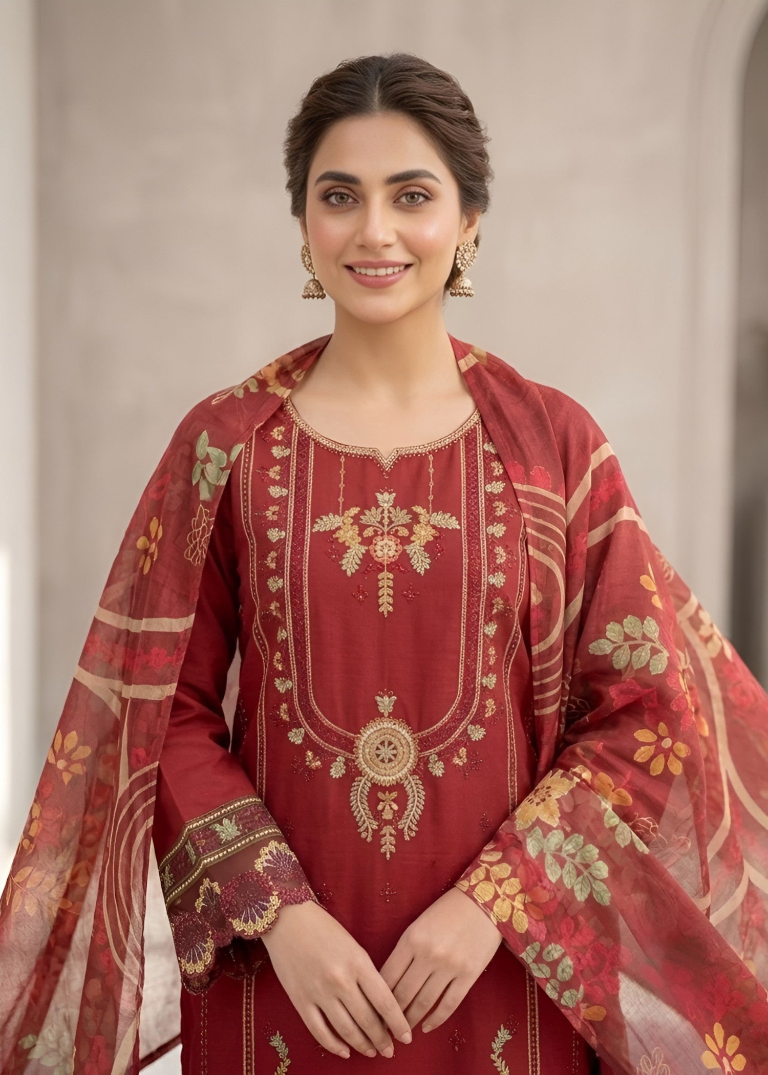 lawn Kurta Set in Burgundy