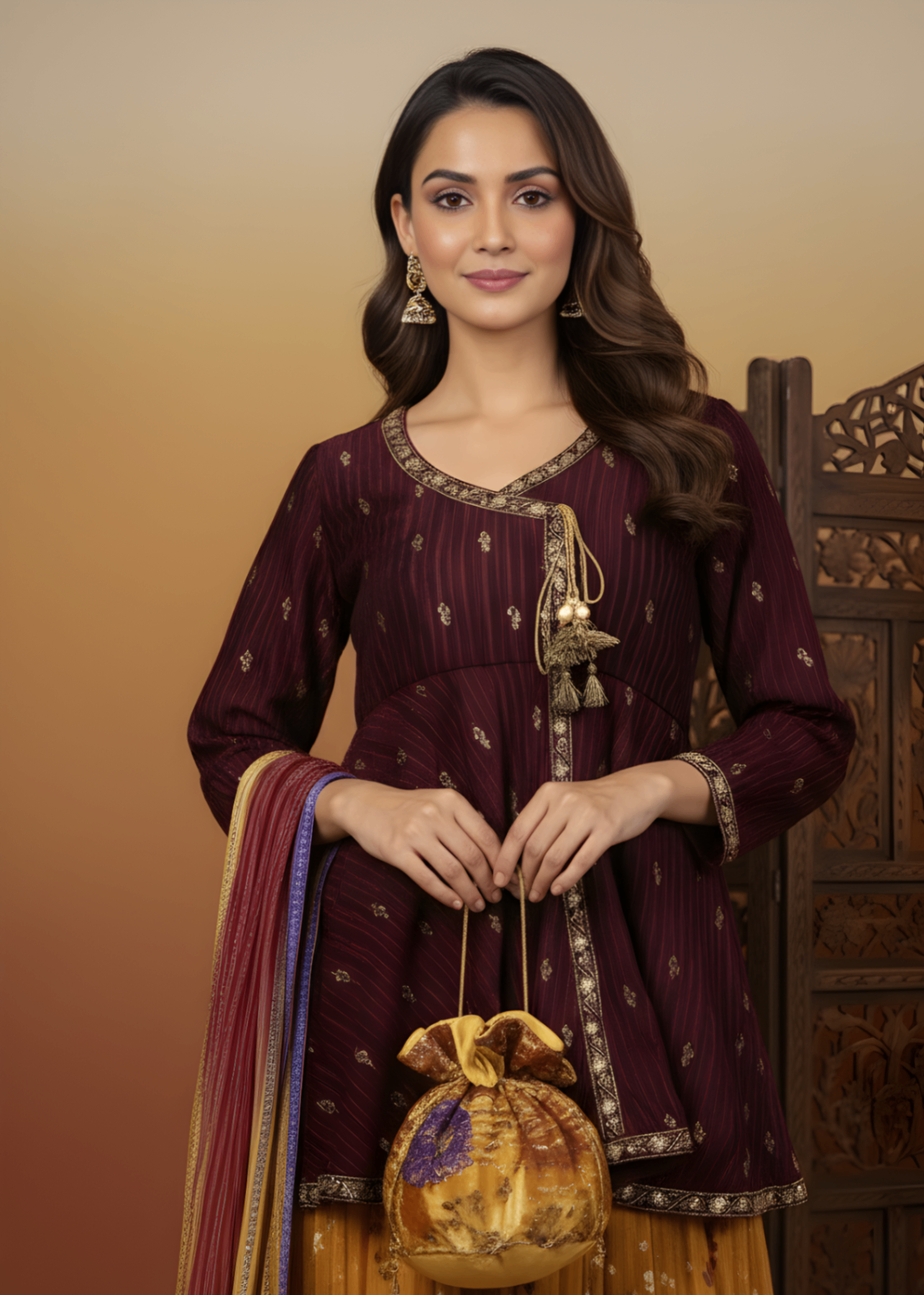 silk Lehenga in Yellow, maroon, orange