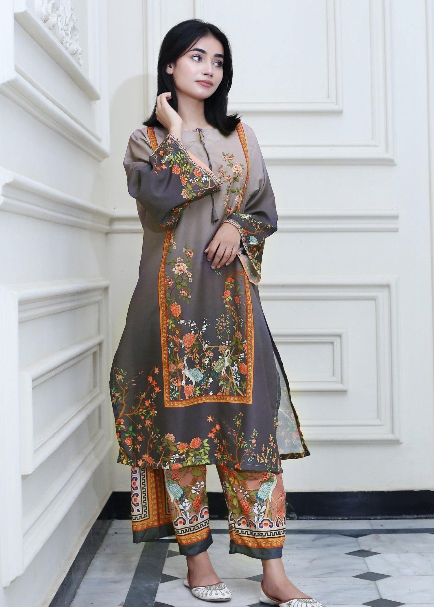 poly lawn Kurta Set in Multi, grey