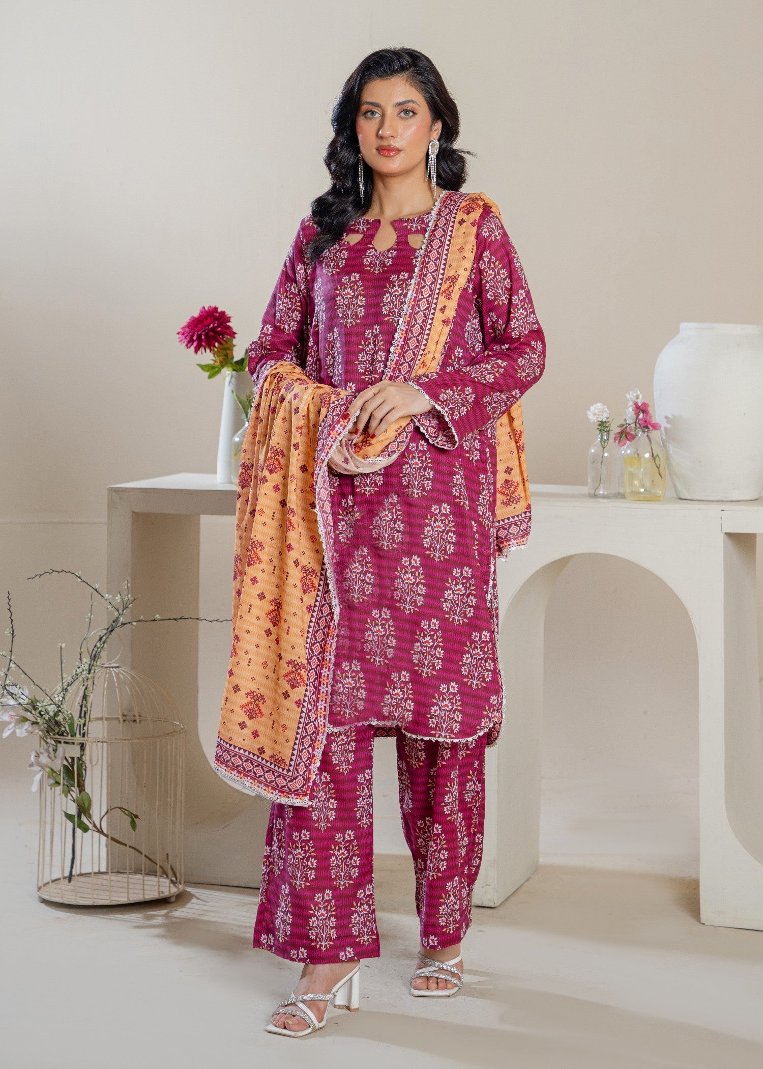 cotton Kurta Set in Raspberry pink