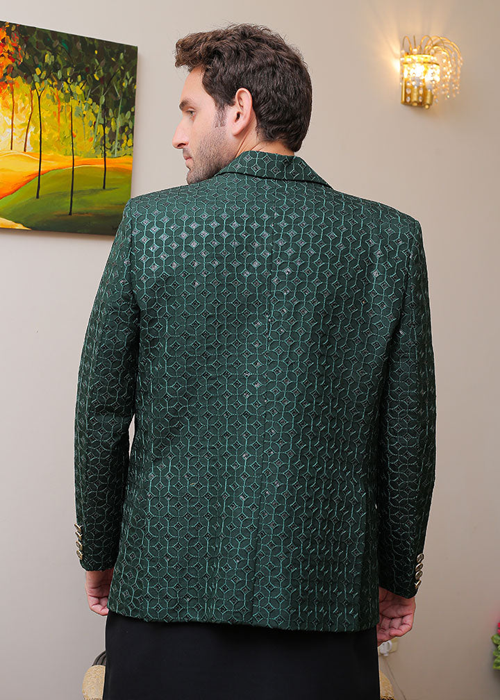 banarsi silk Prince Coat in Dark green