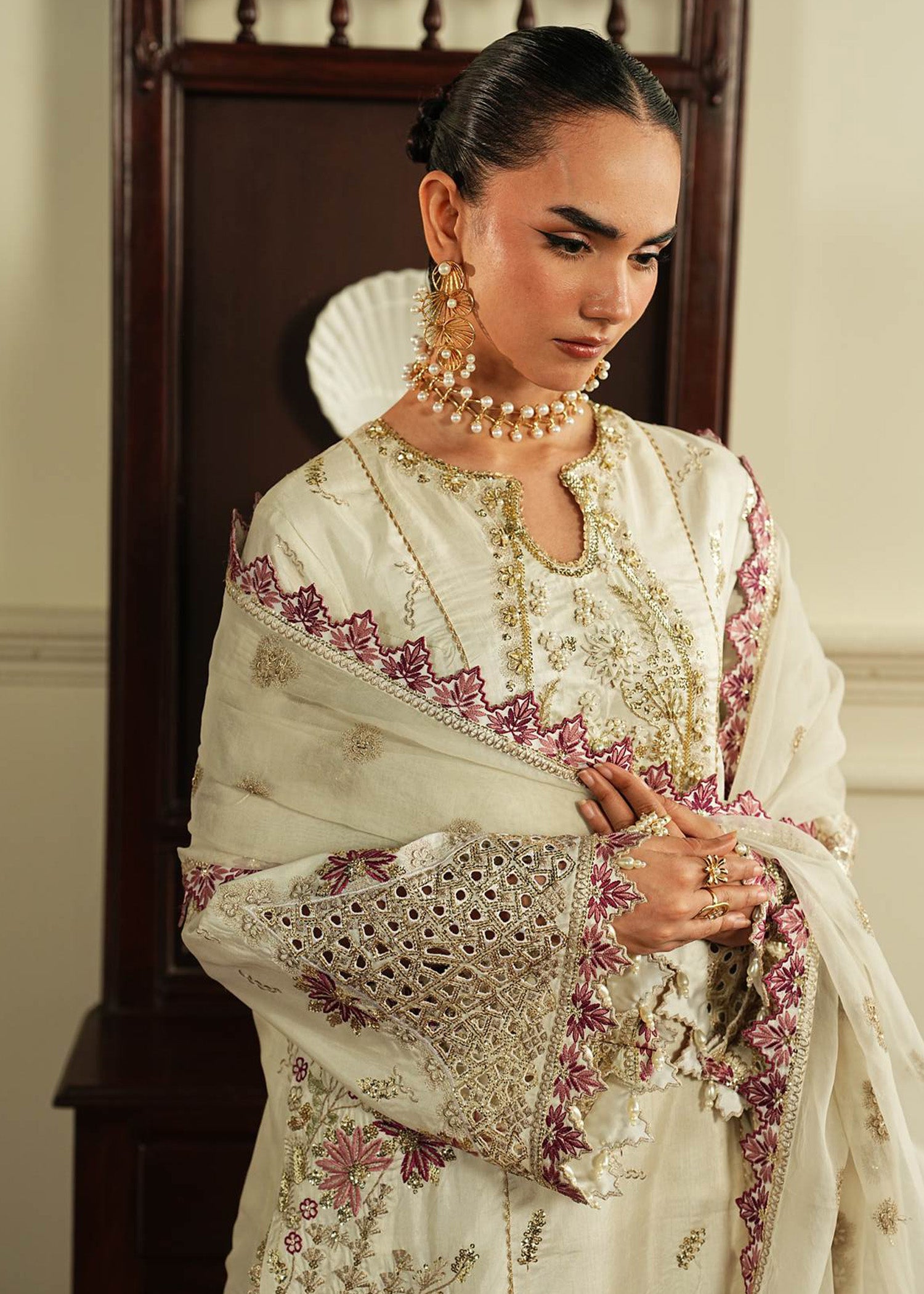 korean raw silk Sharara in White