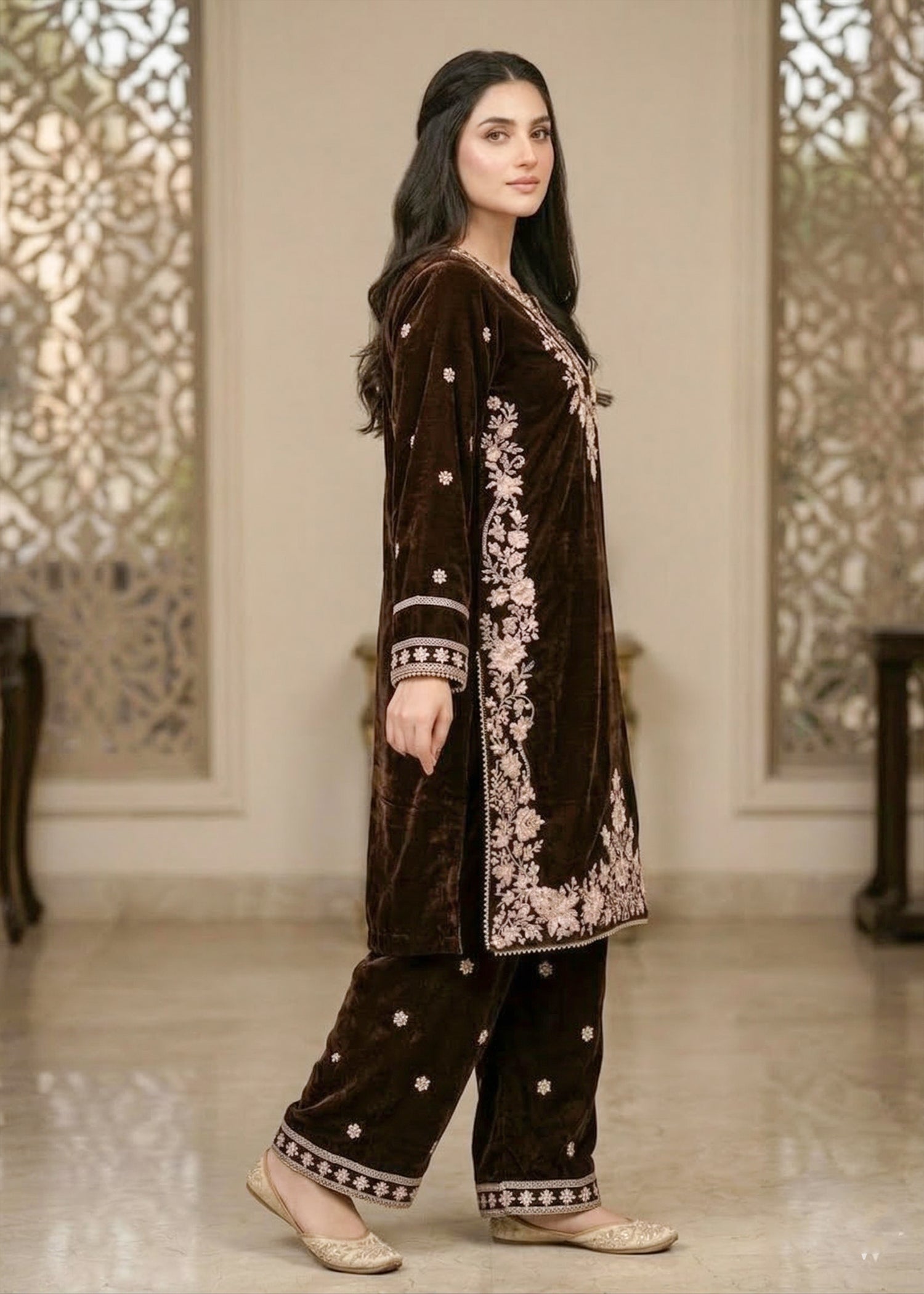chinese micro velvet 9000 Kurta Set in Walnut brown