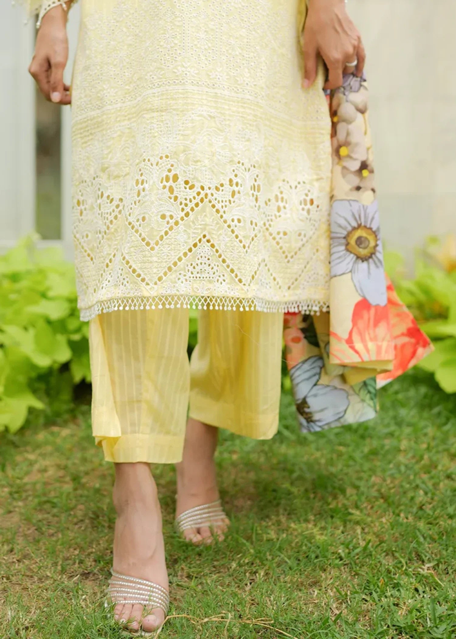 textured lawn Kurta Set in Yellow