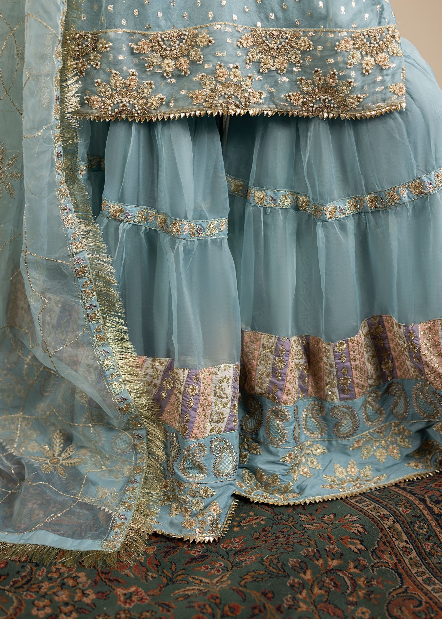 organza Gharara in Ice blue