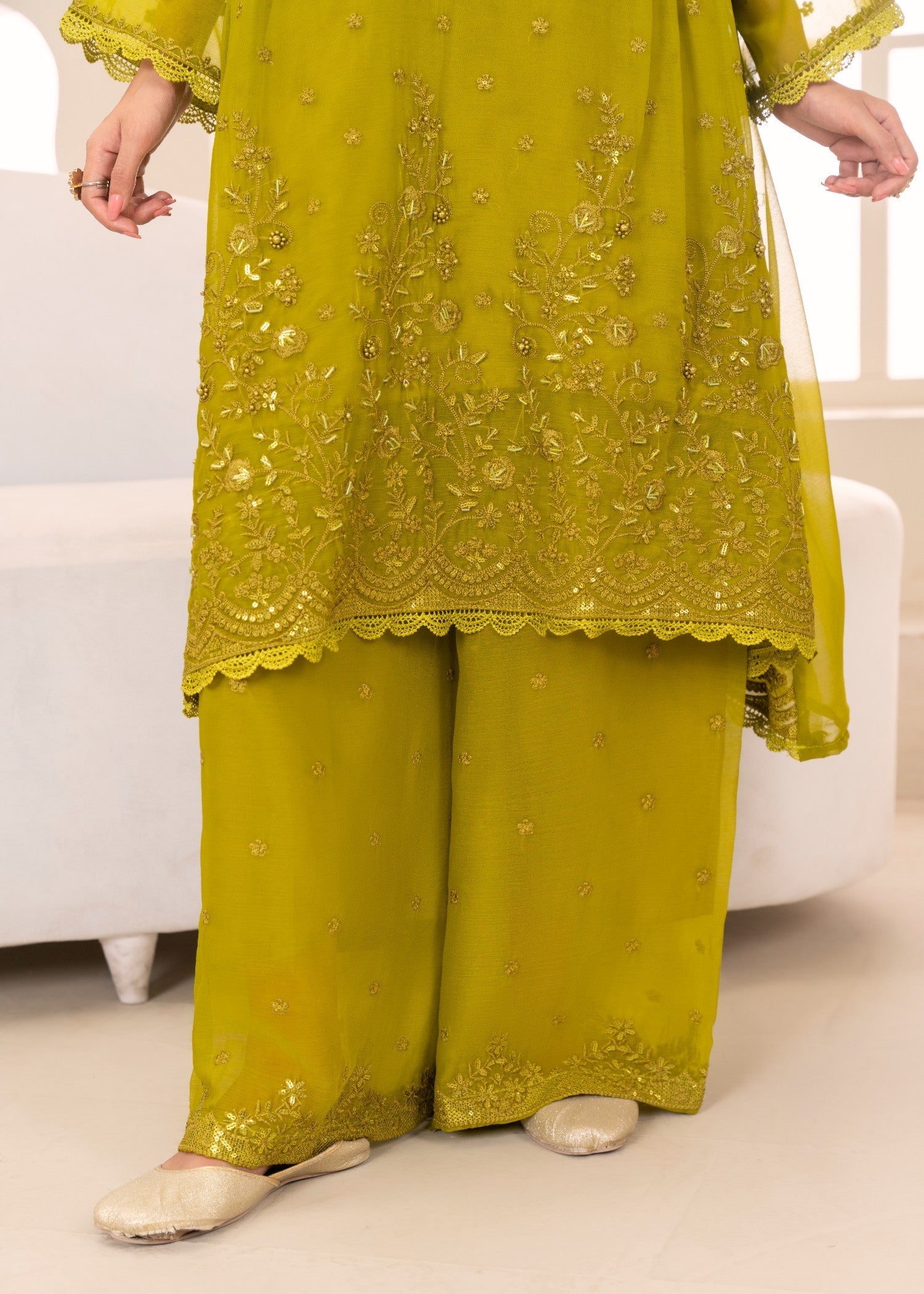chiffon Pishwas in Yellow green