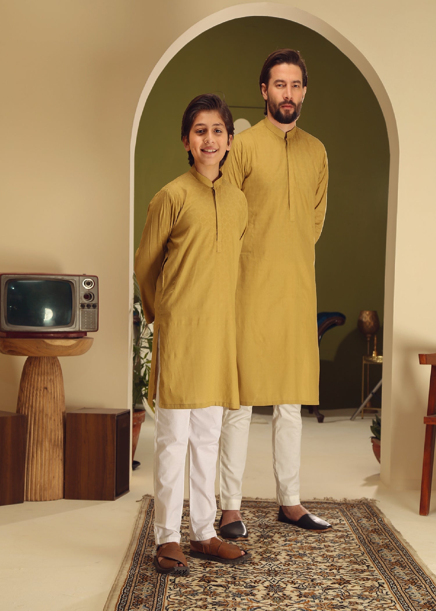 self jacquard Kurta in Mustard