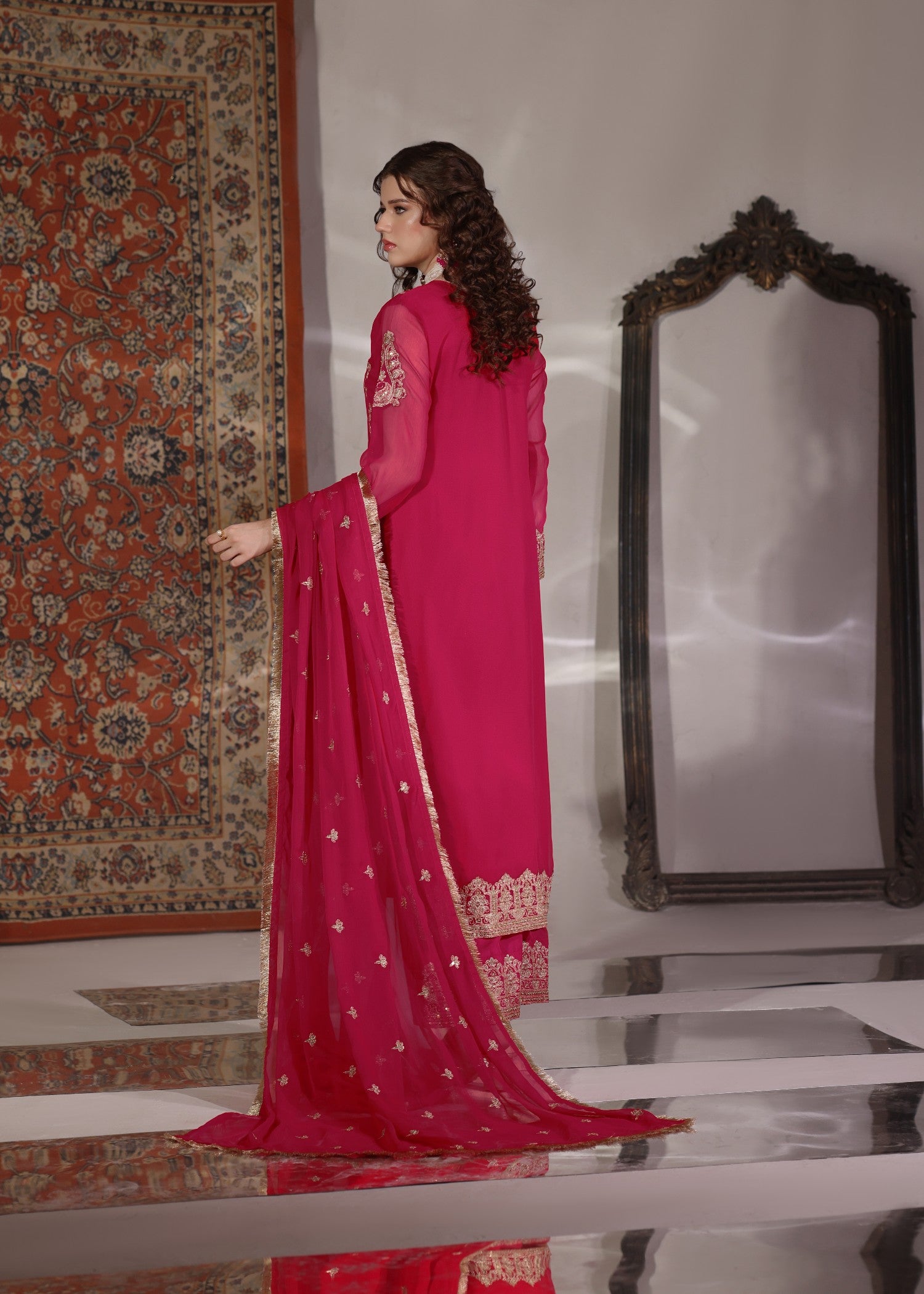 pk chiffon Kurta Set in Hot pink
