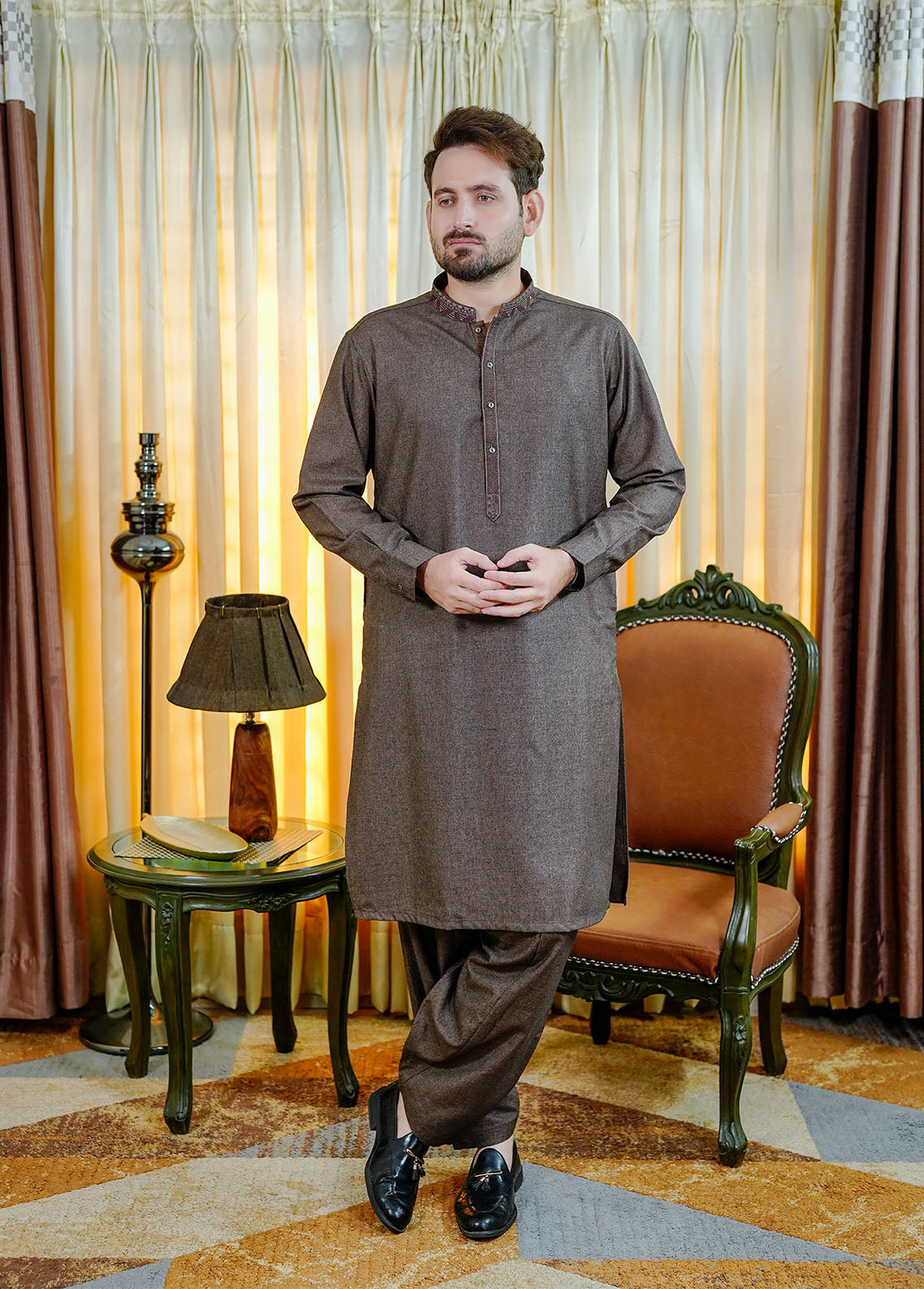 acrylic wool Shalwar Kameez in Walnut brown