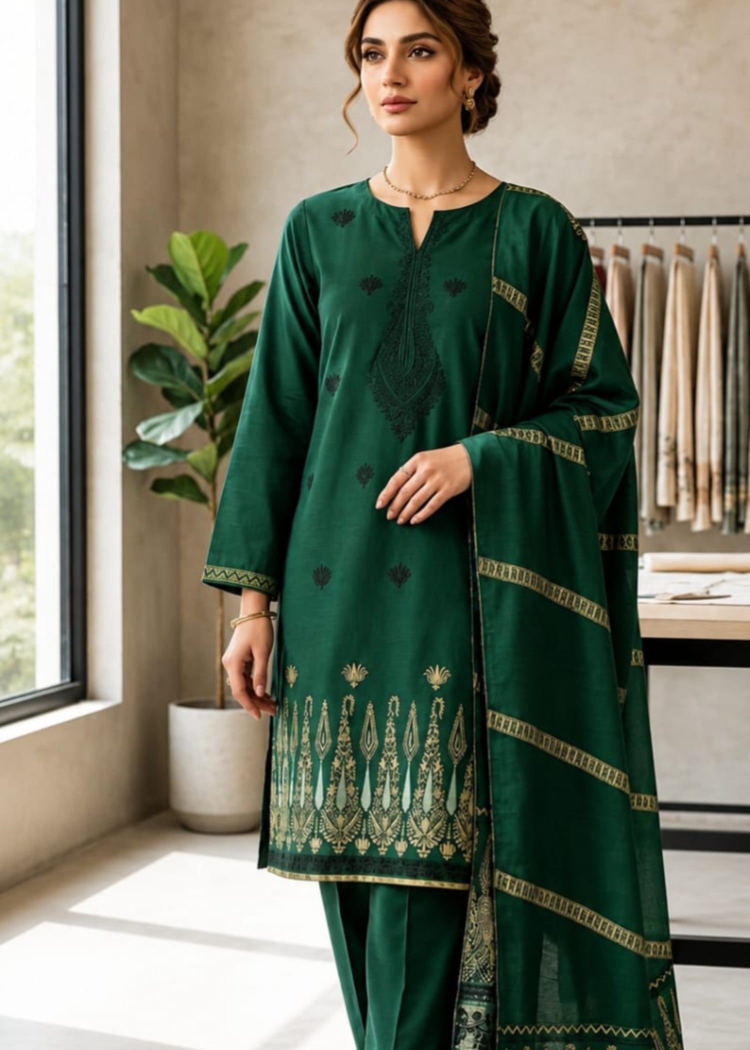 lawn Kurta Set in Blonde, bottle green
