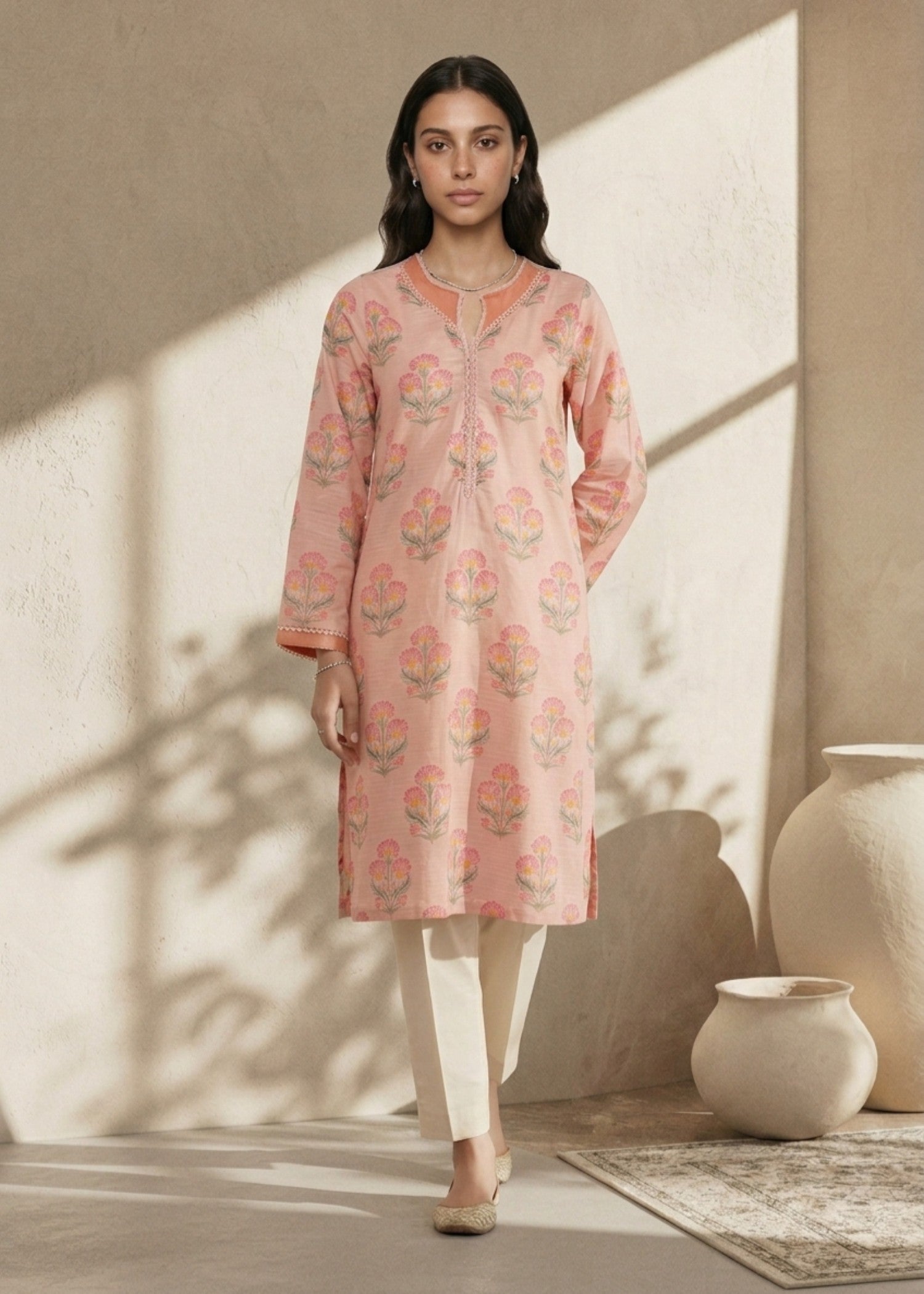 textured lawn Kurti in Pink
