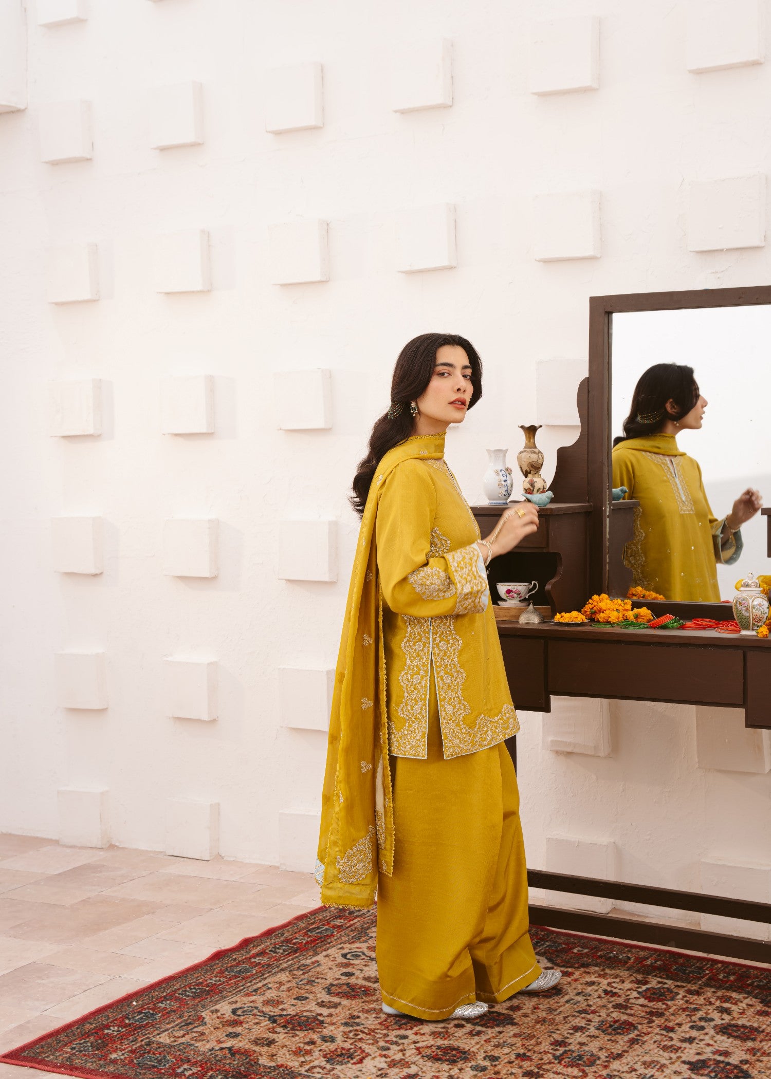 raw silk Kurta Set in Marigold