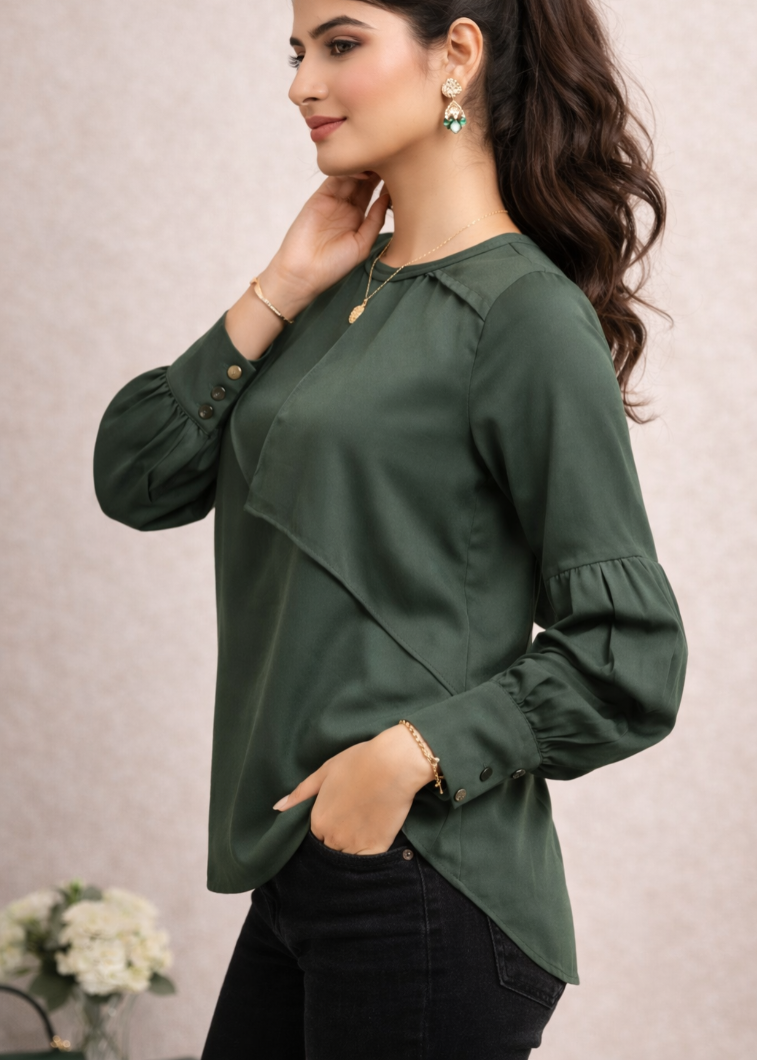 satin polyester Top in Bottle green