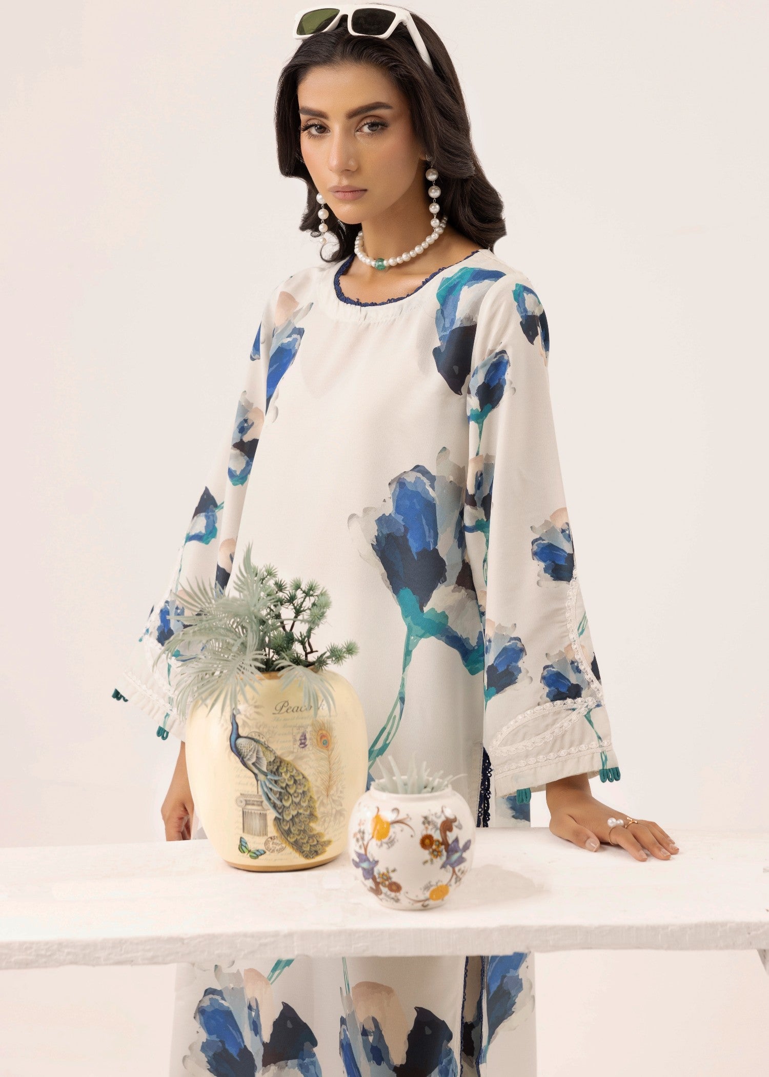 lawn Co Ord Sets in Navy blue, ivory