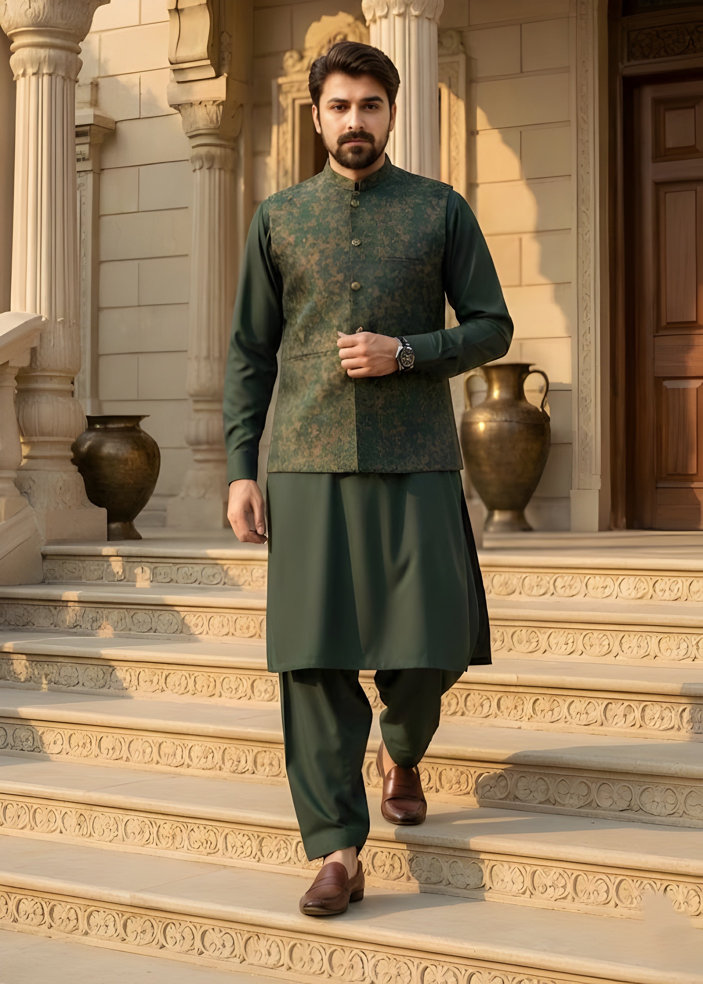 self jacquard Waistcoat in Green by The Great Masters (TGM)