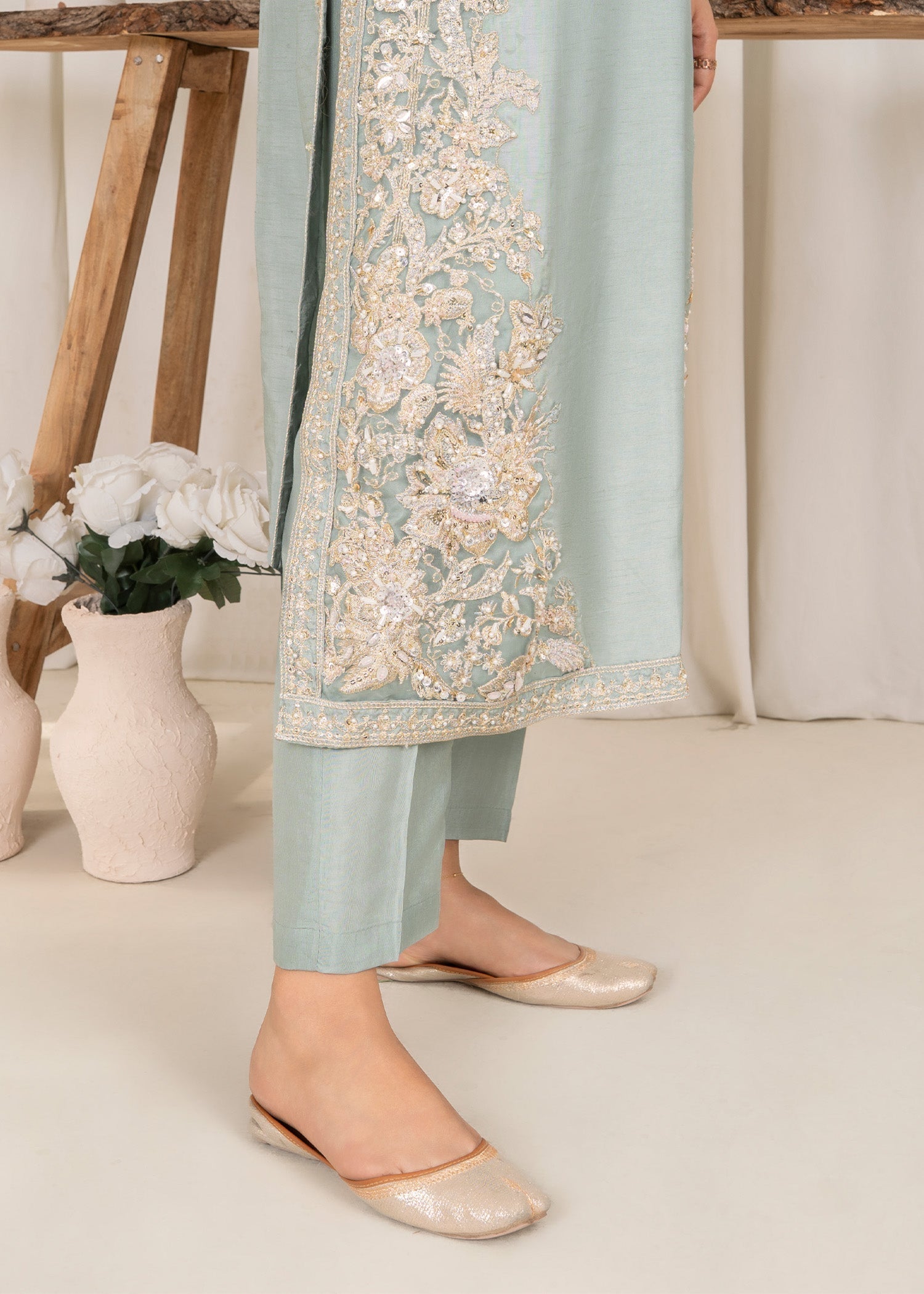 raw silk Kurta Set in Pastel green