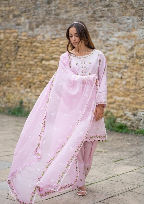 lawn cotton Kurta Set in Cotton candy pink
