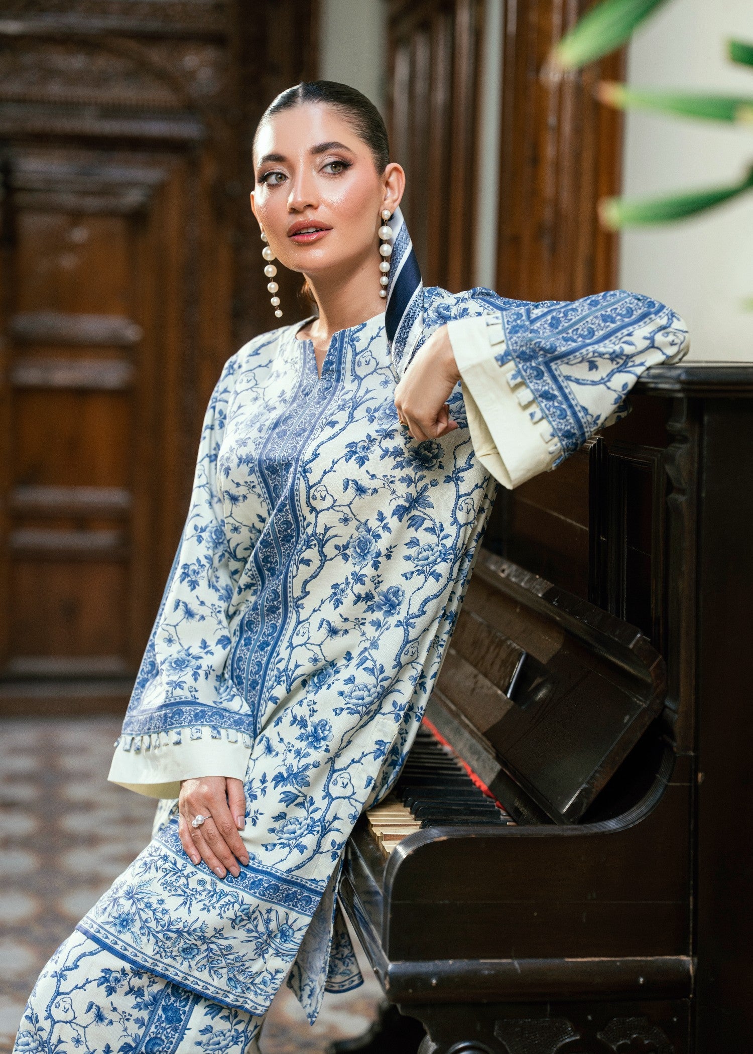 slub lawn Co Ord Sets in Blue, off-white