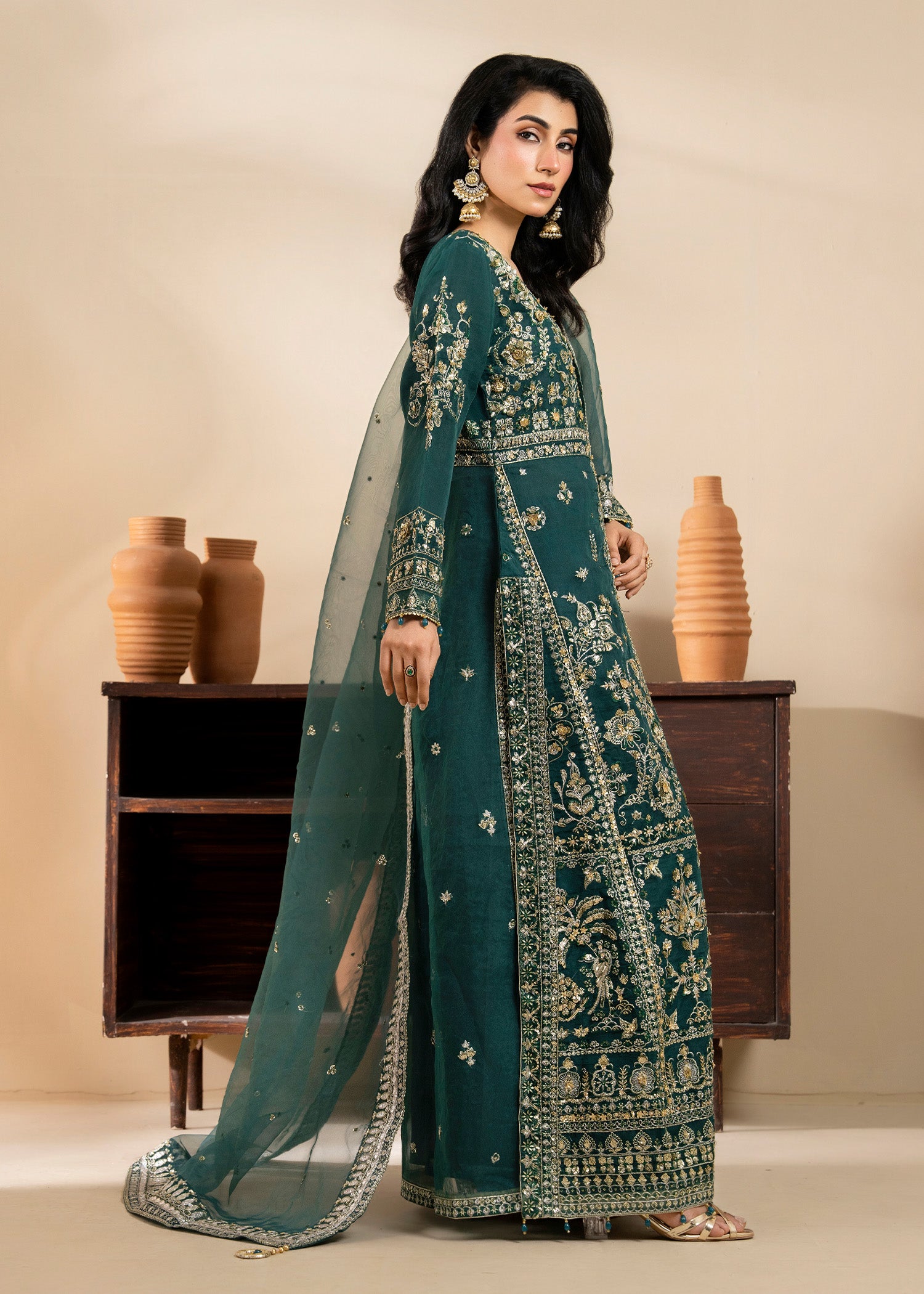 net Kurta Set in Pine green