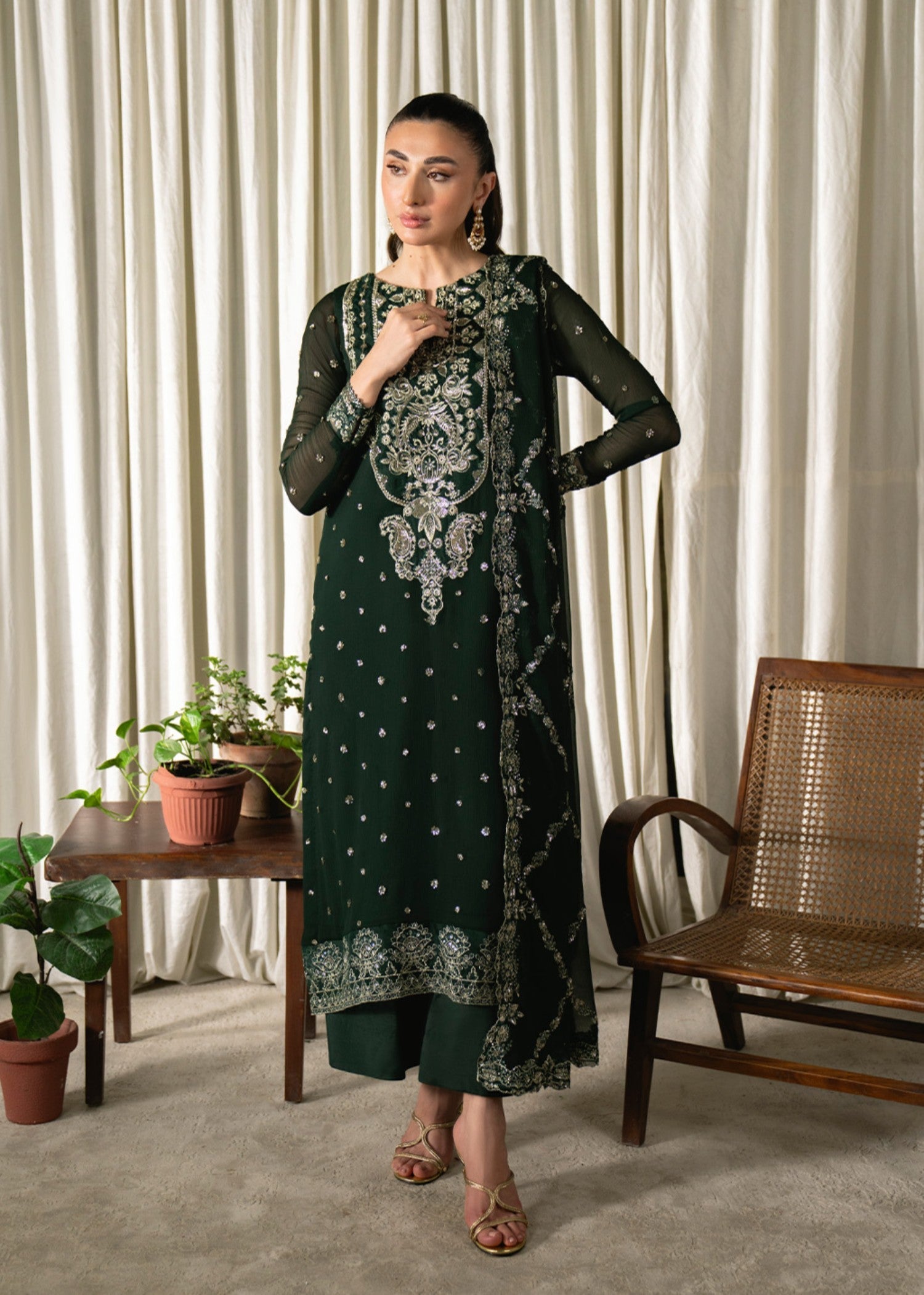 chiffon Kurta Set in Hunter green
