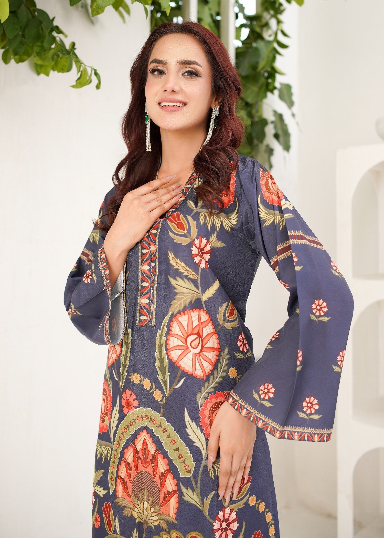 polyester crepe Kurta Set in Navy blue