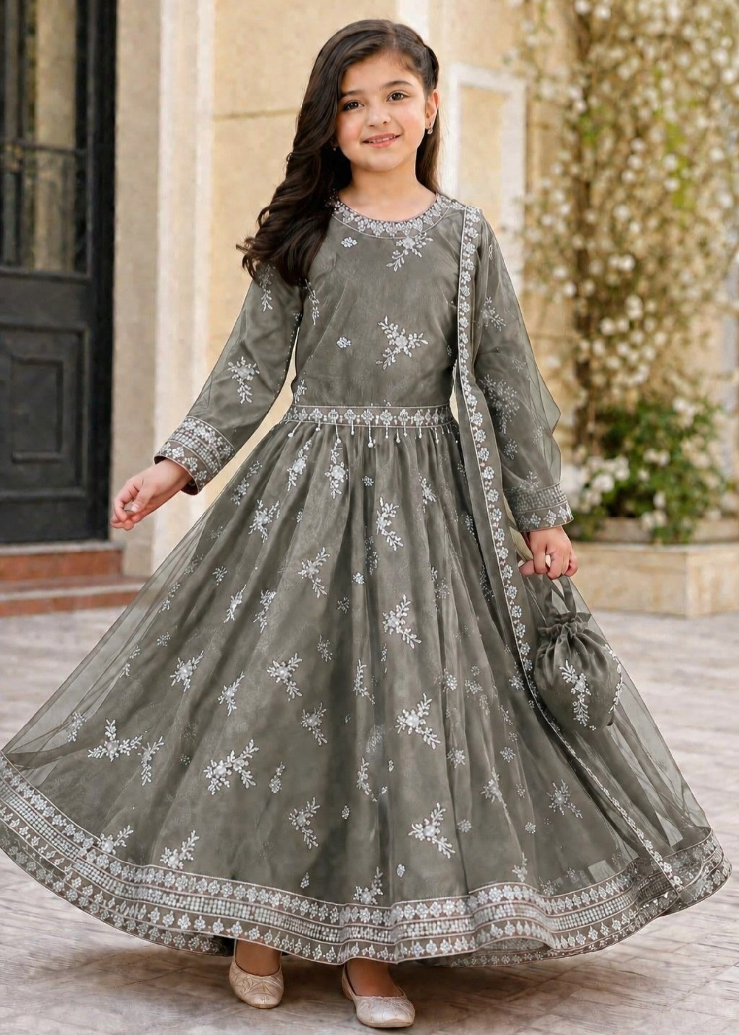 net Lehenga in Grey