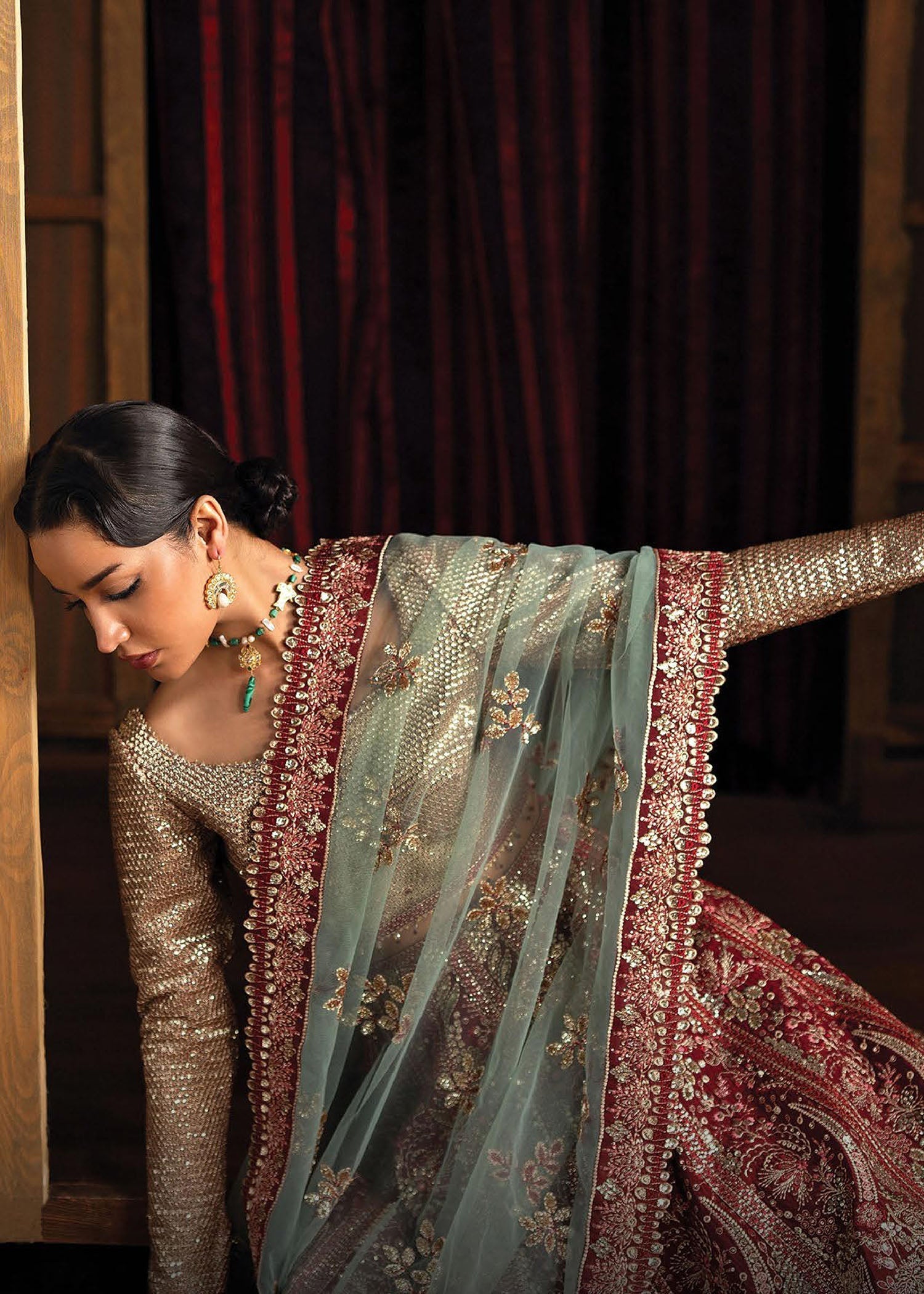 raw silk Unstitched in Maroon, sea green