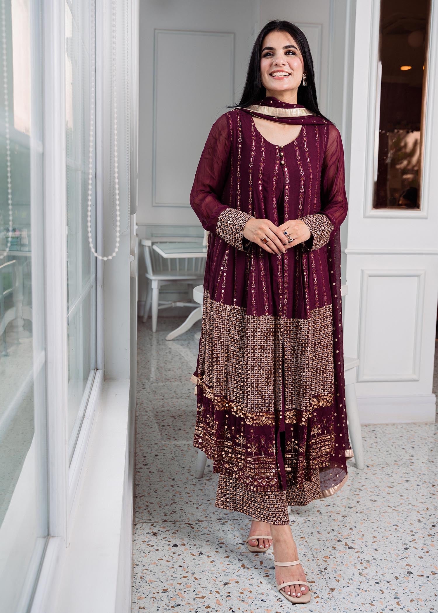 chikankari cotton Gown in Plum