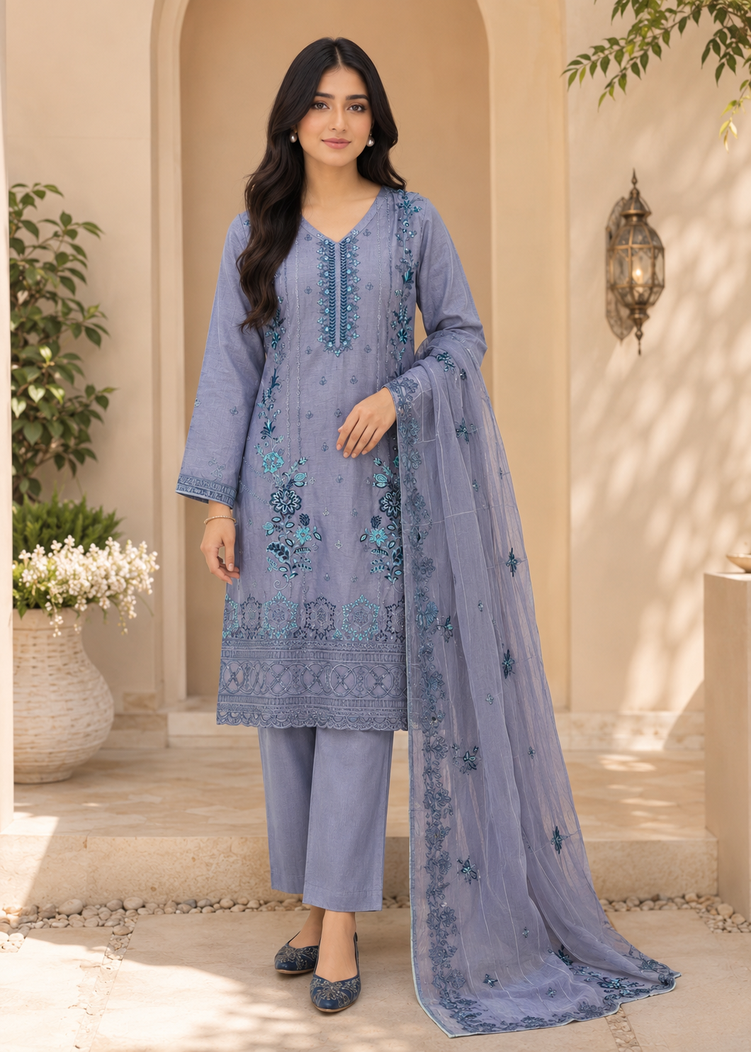 cotton Kurta Set in Duck egg grey