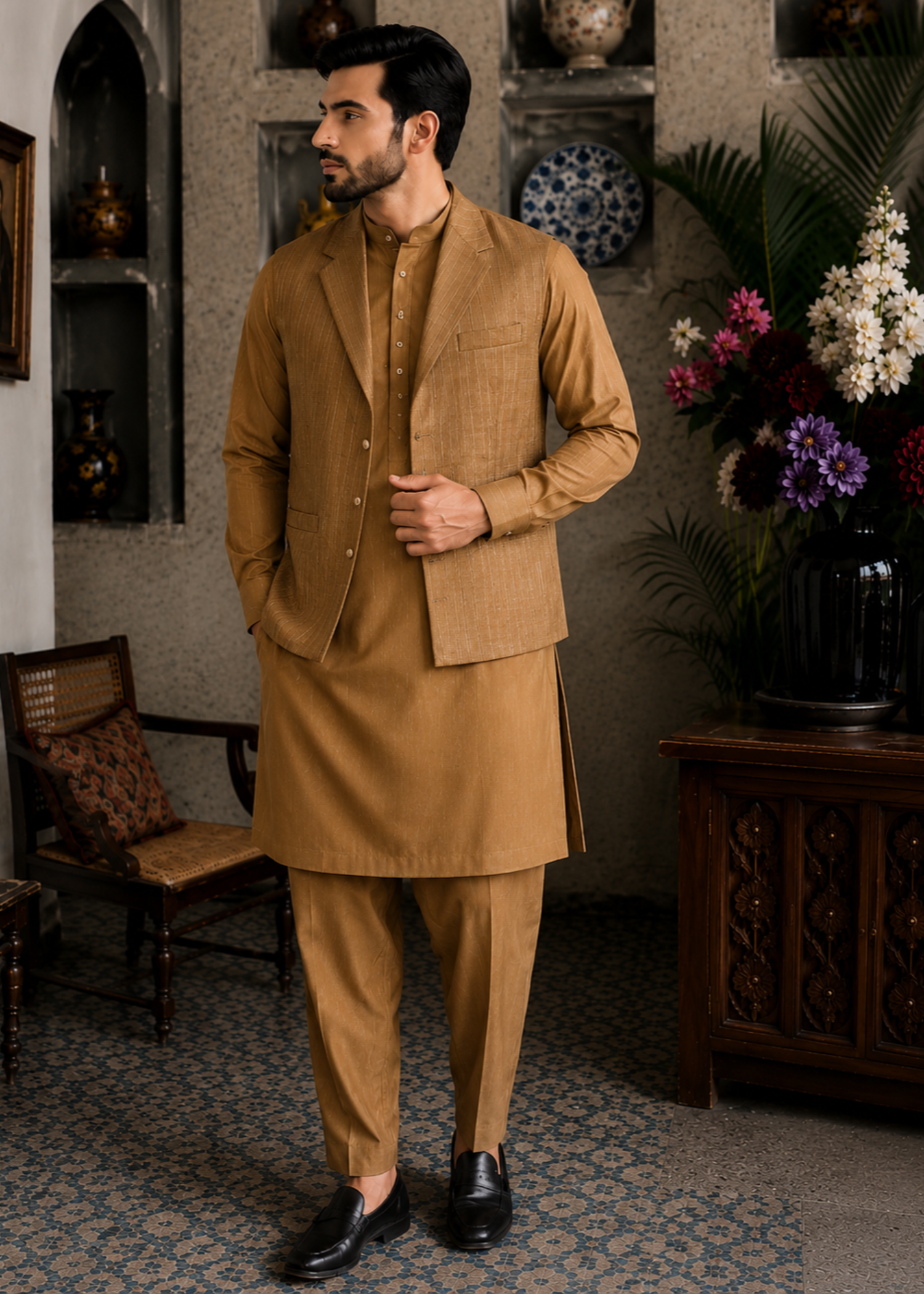textured wash & wear Waistcoat in Golden brown