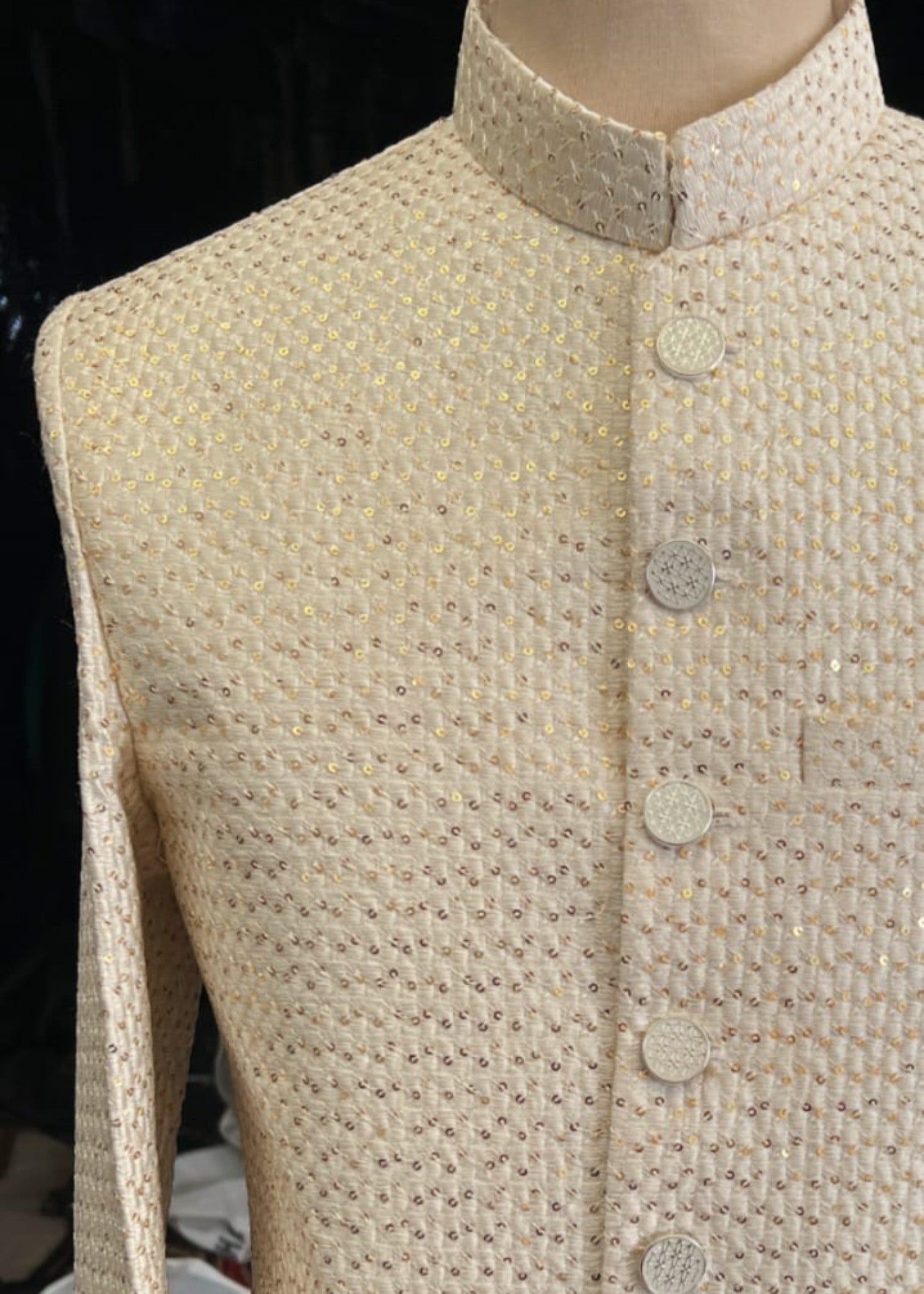 silk Sherwani in White, gold