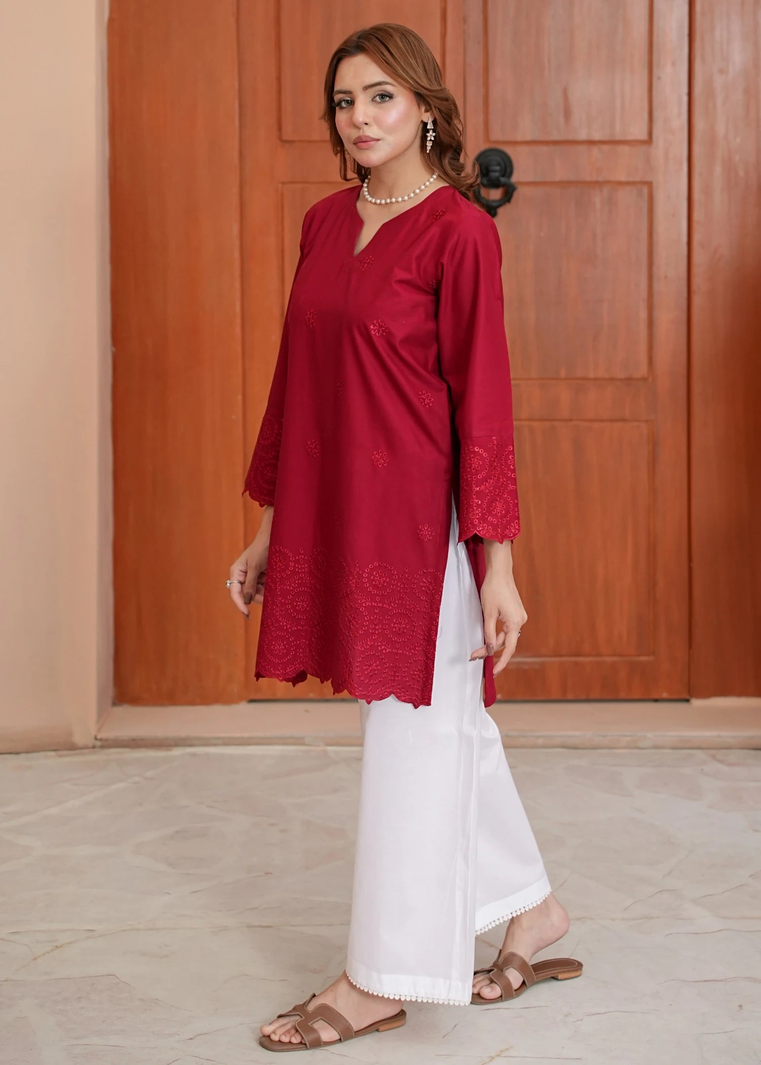 lawn Kurta Set in White, maroon