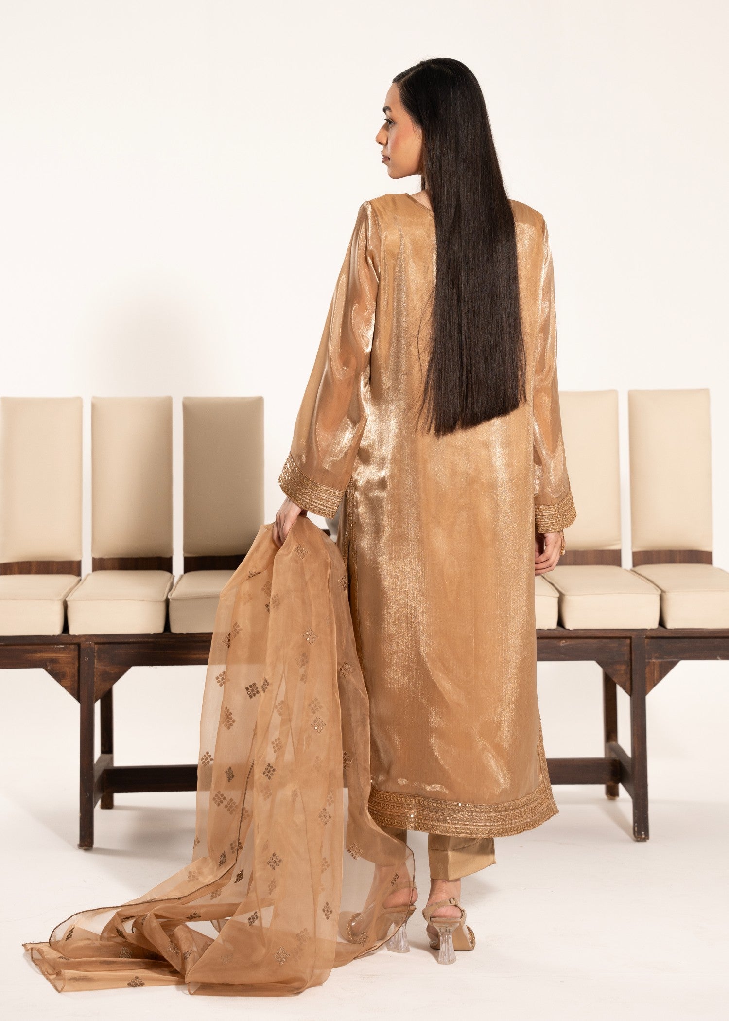 silk tissue Kurta Set in Gold