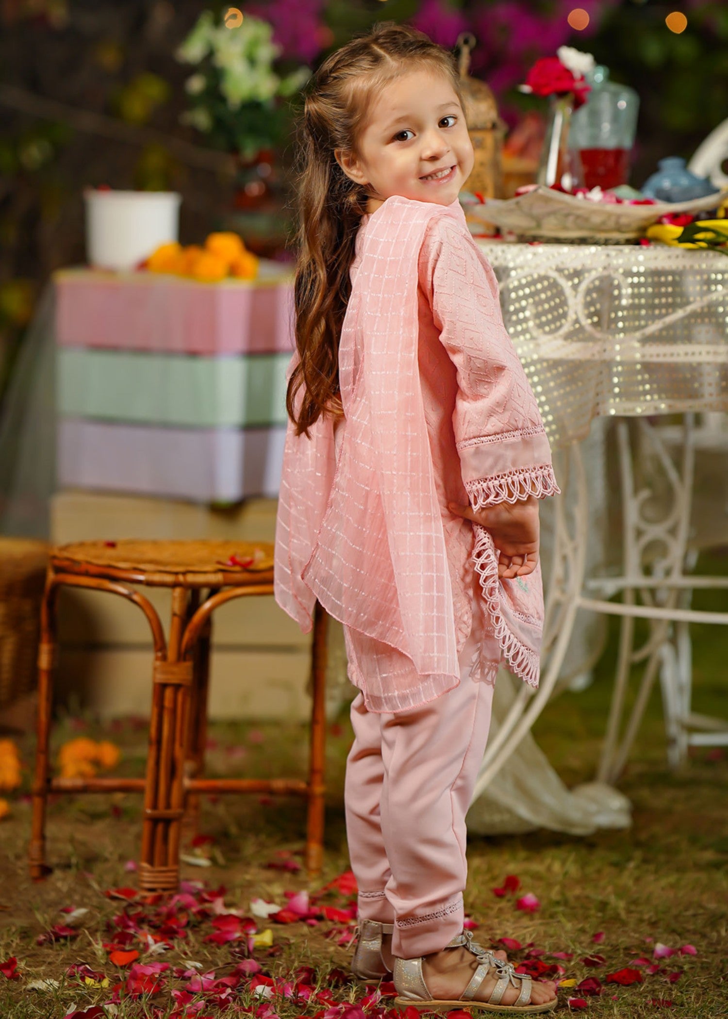 chikankari cotton Kurta Set in Tea rose pink