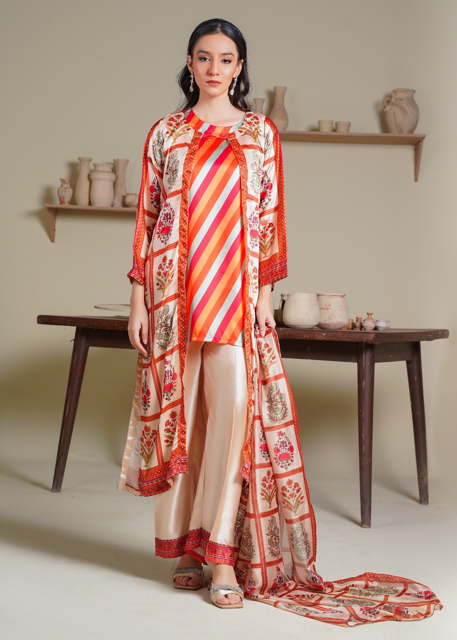 silk Gown in Coral orange