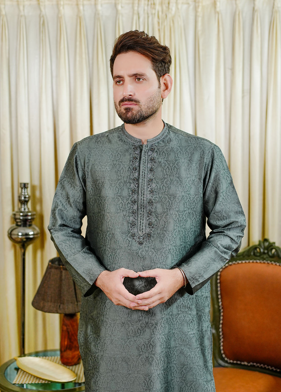 traditional jamawar Kurta in Iron grey