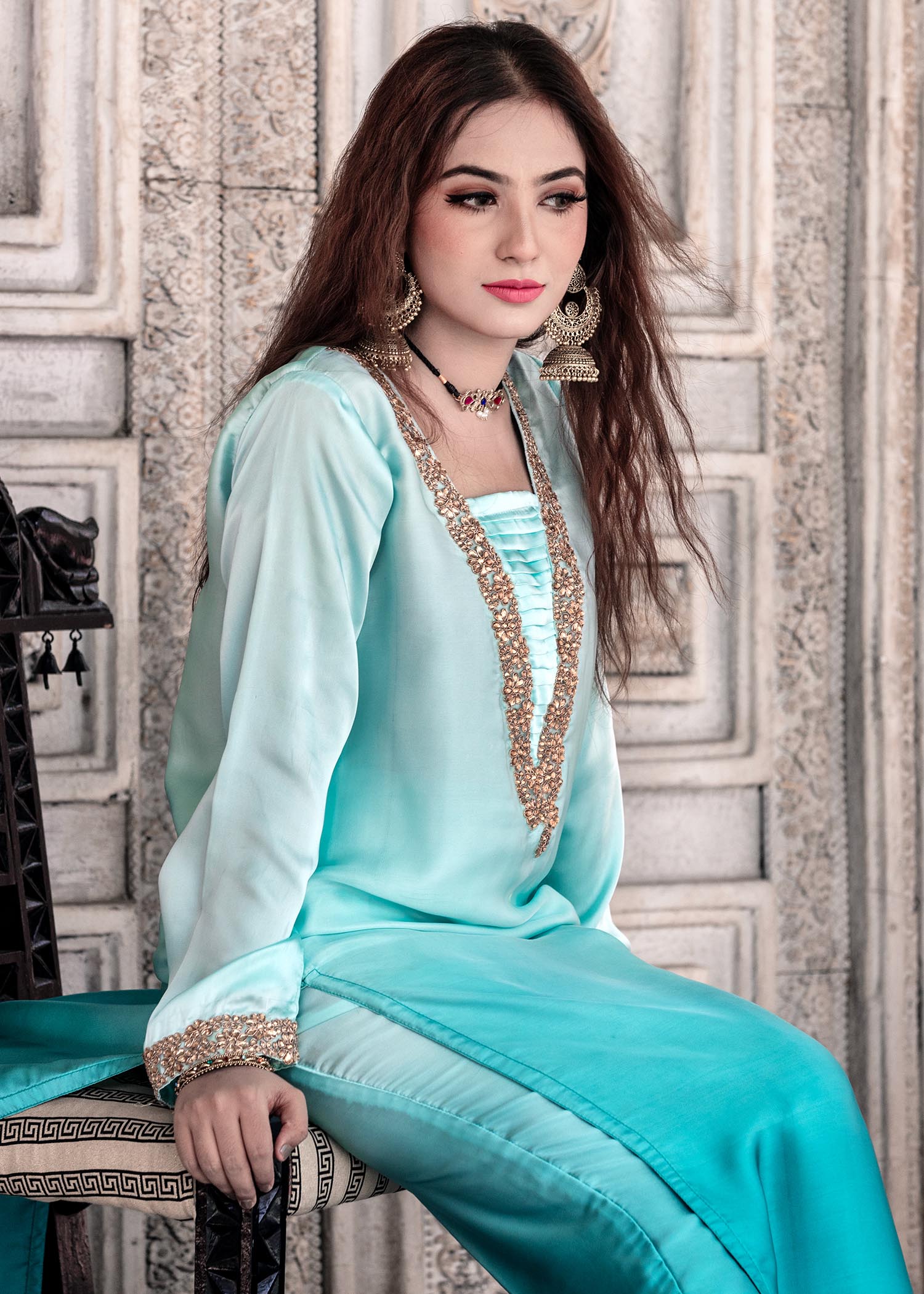 poly viscose Kurta Set in Aquamarine