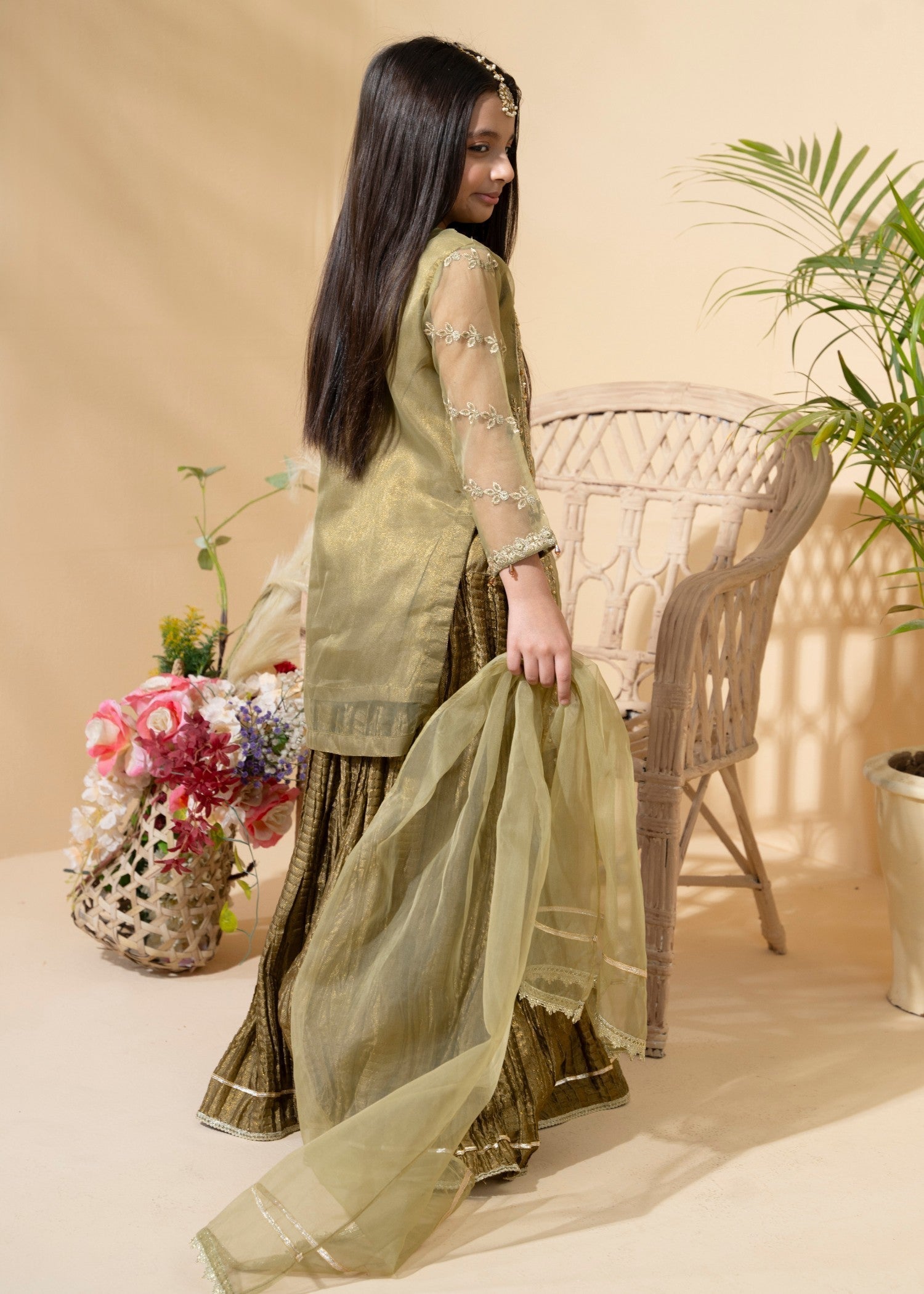 organza Lehenga in Olive green
