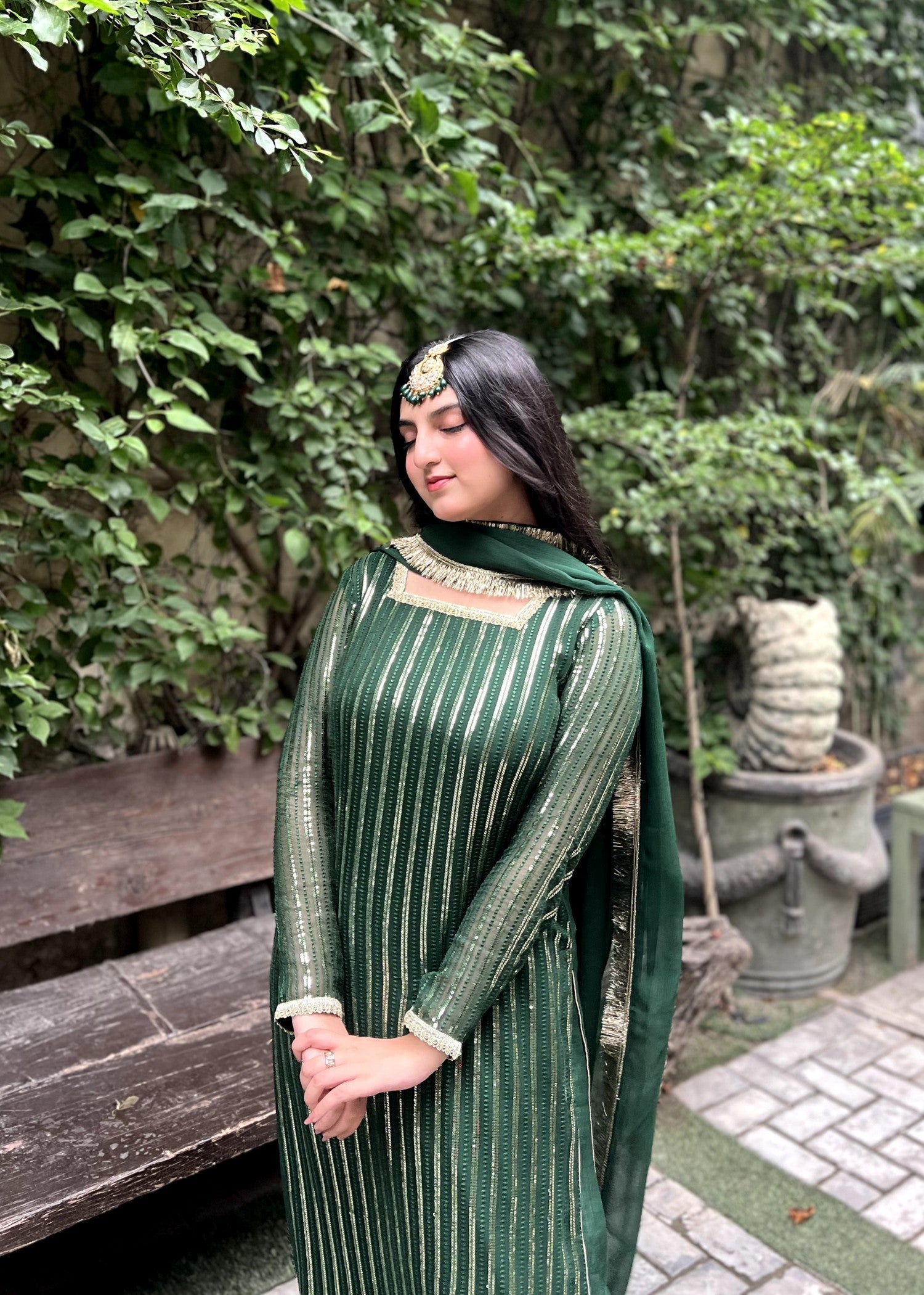 chiffon Kurta Set in Bottle green