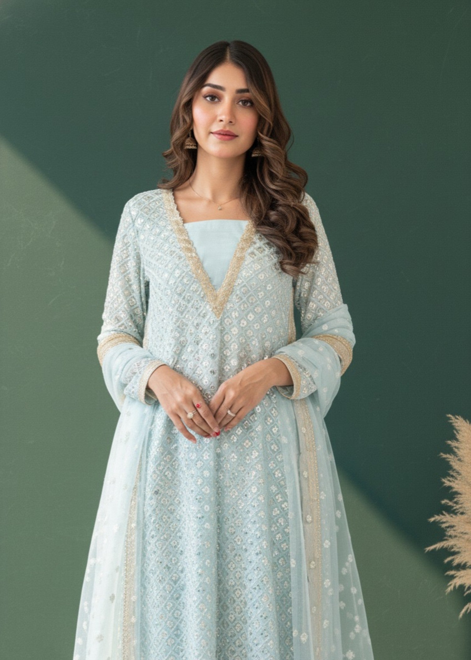 bemberg crinkle chiffon Kurta Set in Ice blue