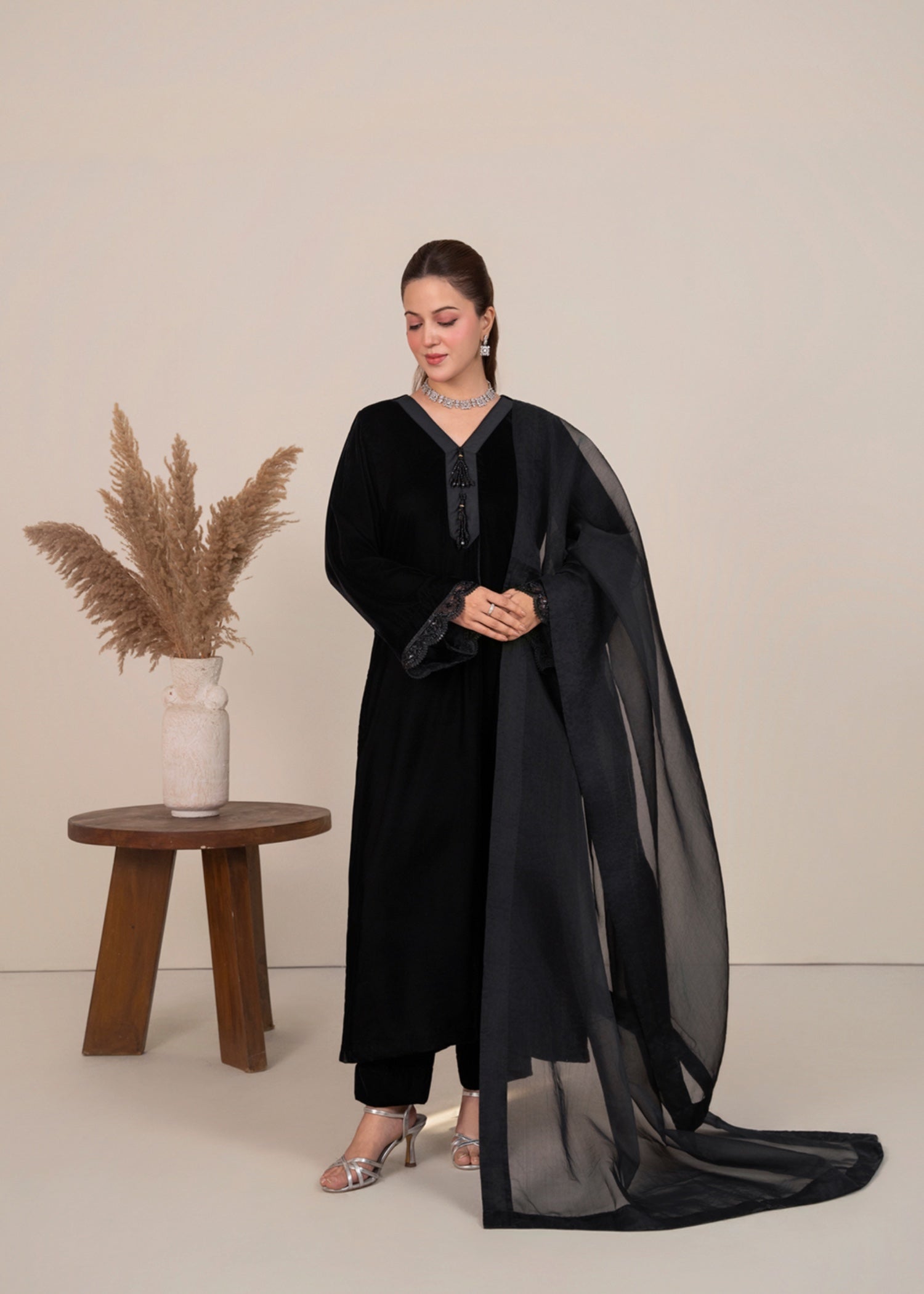 chinese micro velvet 9000 Kurta Set in Black