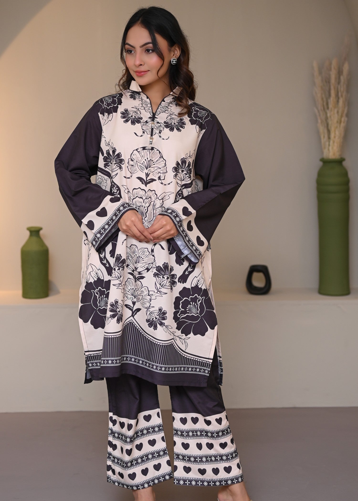 swiss lawn Co Ord Sets in Black, ivory