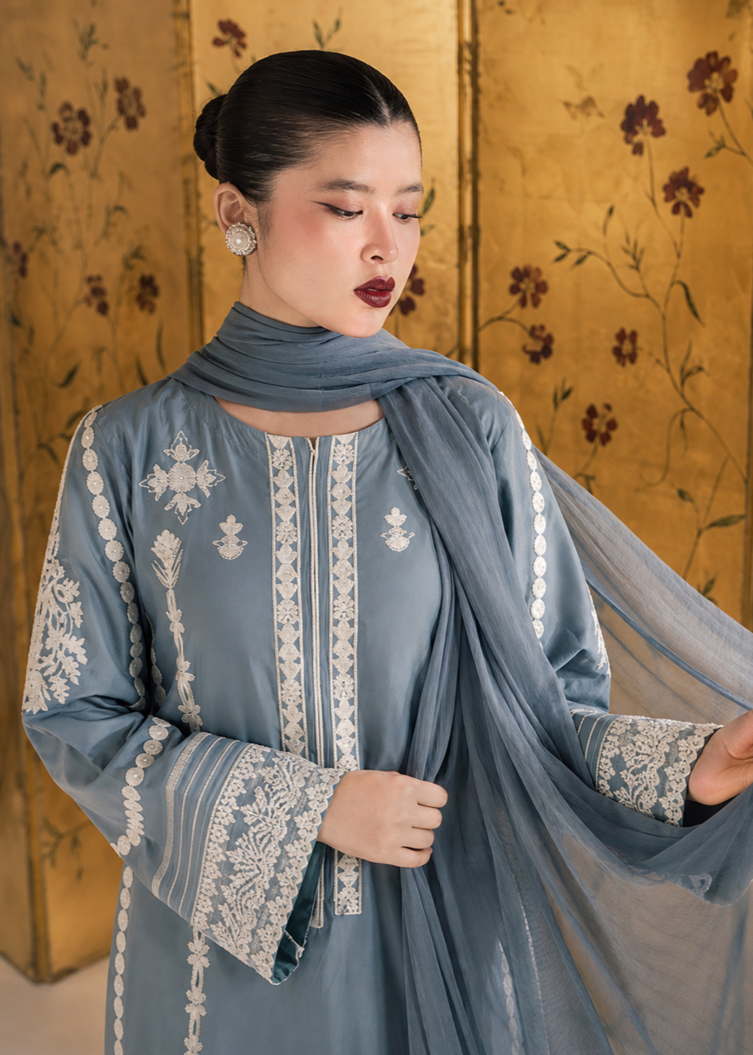 lawn Kurta Set in Slate blue
